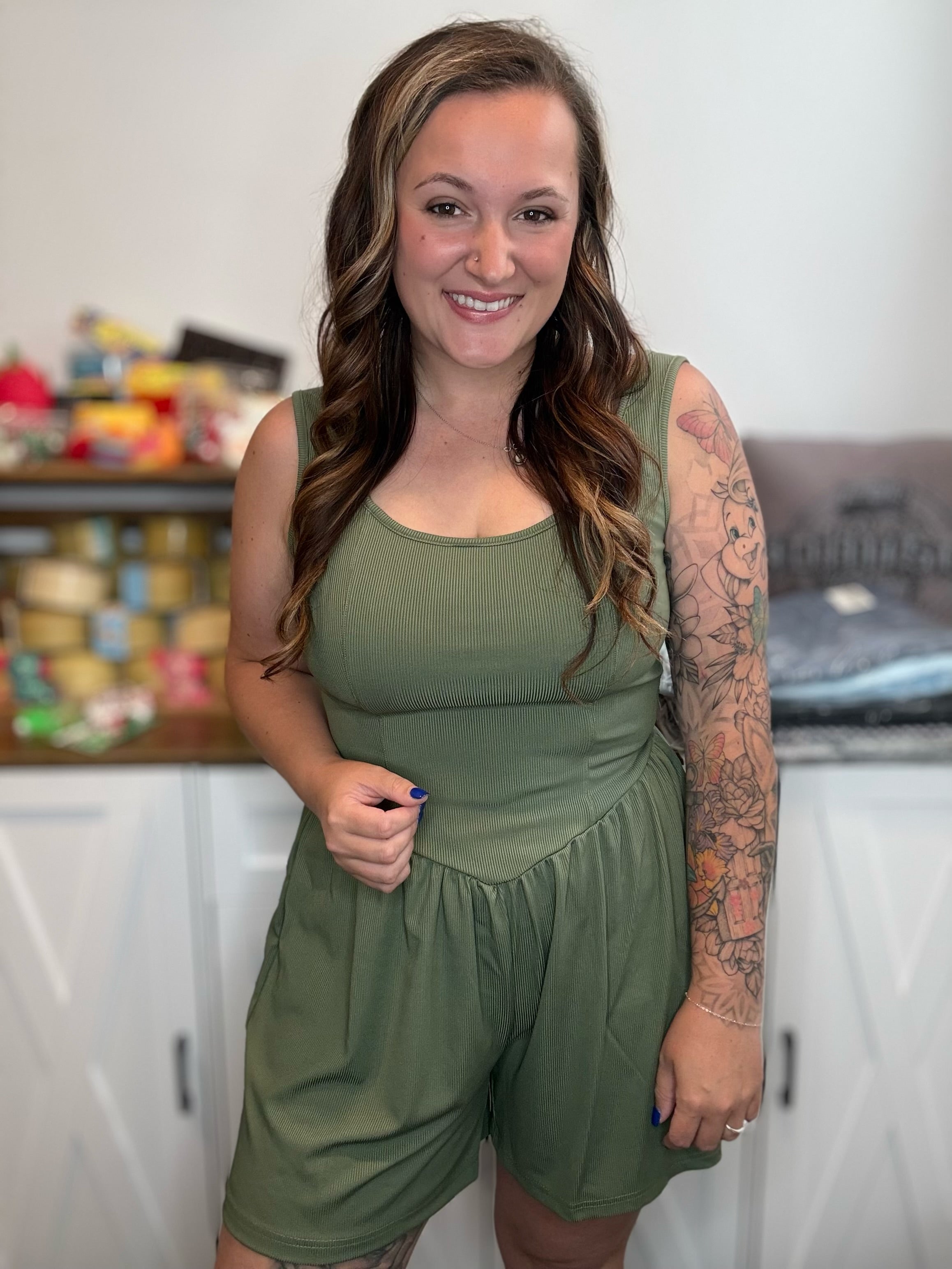 The Weekend Plans Romper- Olive