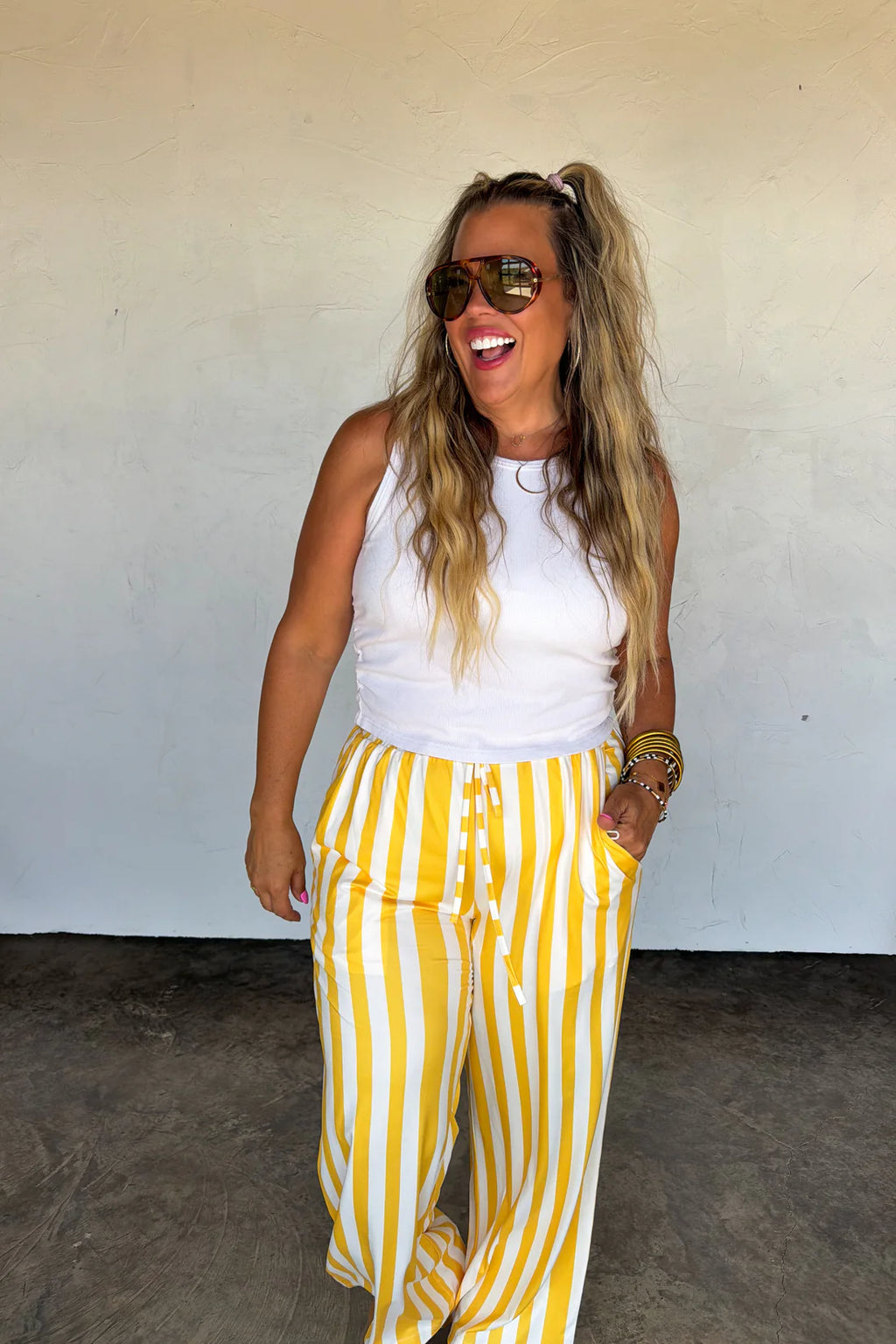Game Day Baddie Wide Leg Pants- Yellow Stripe