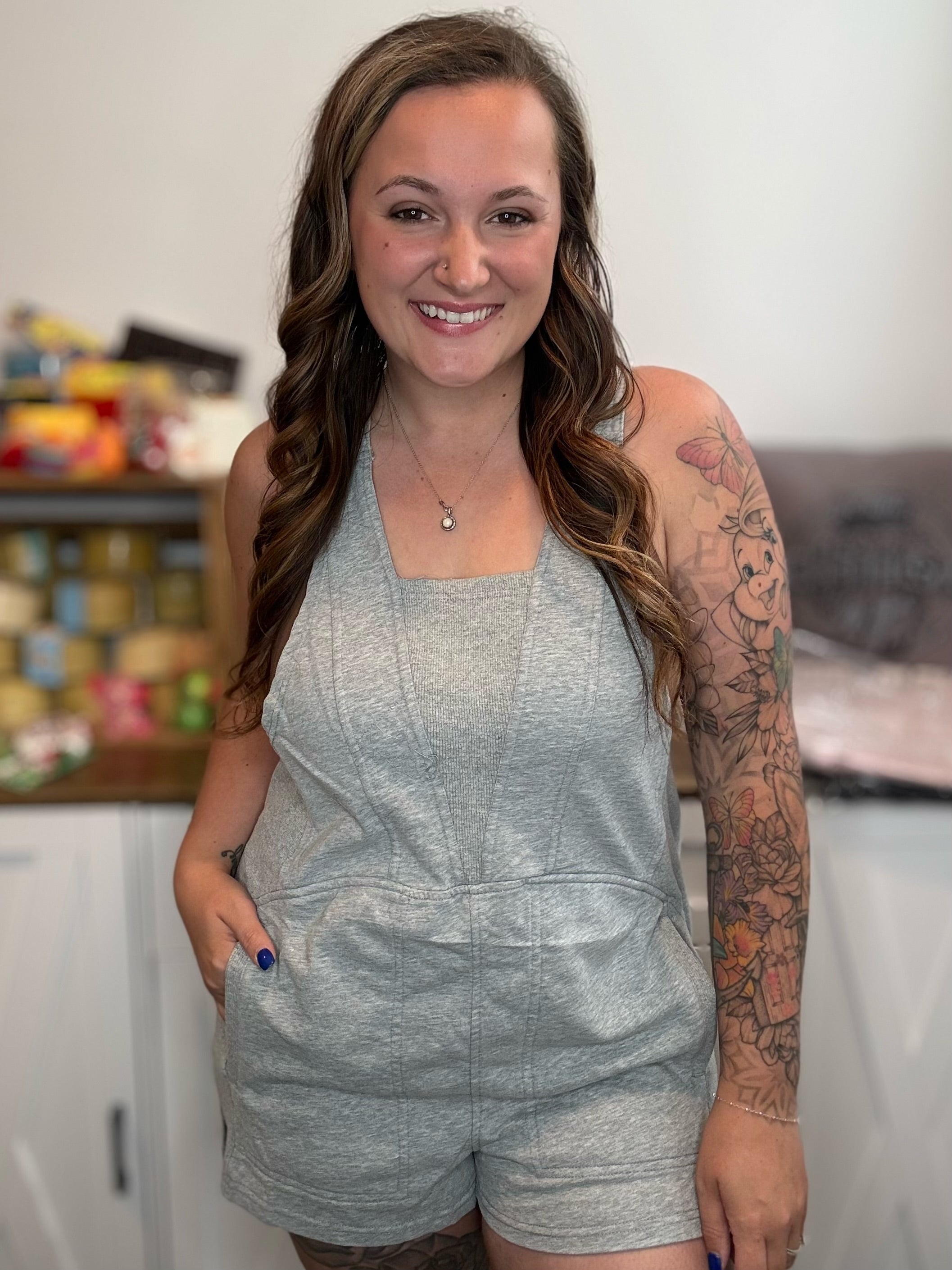 Beach Please Romper- Heather Grey