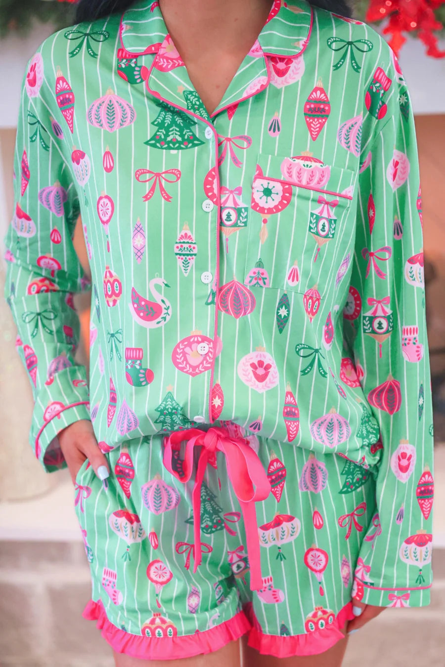 Decked in Ornaments Ruffle Pajama Set
