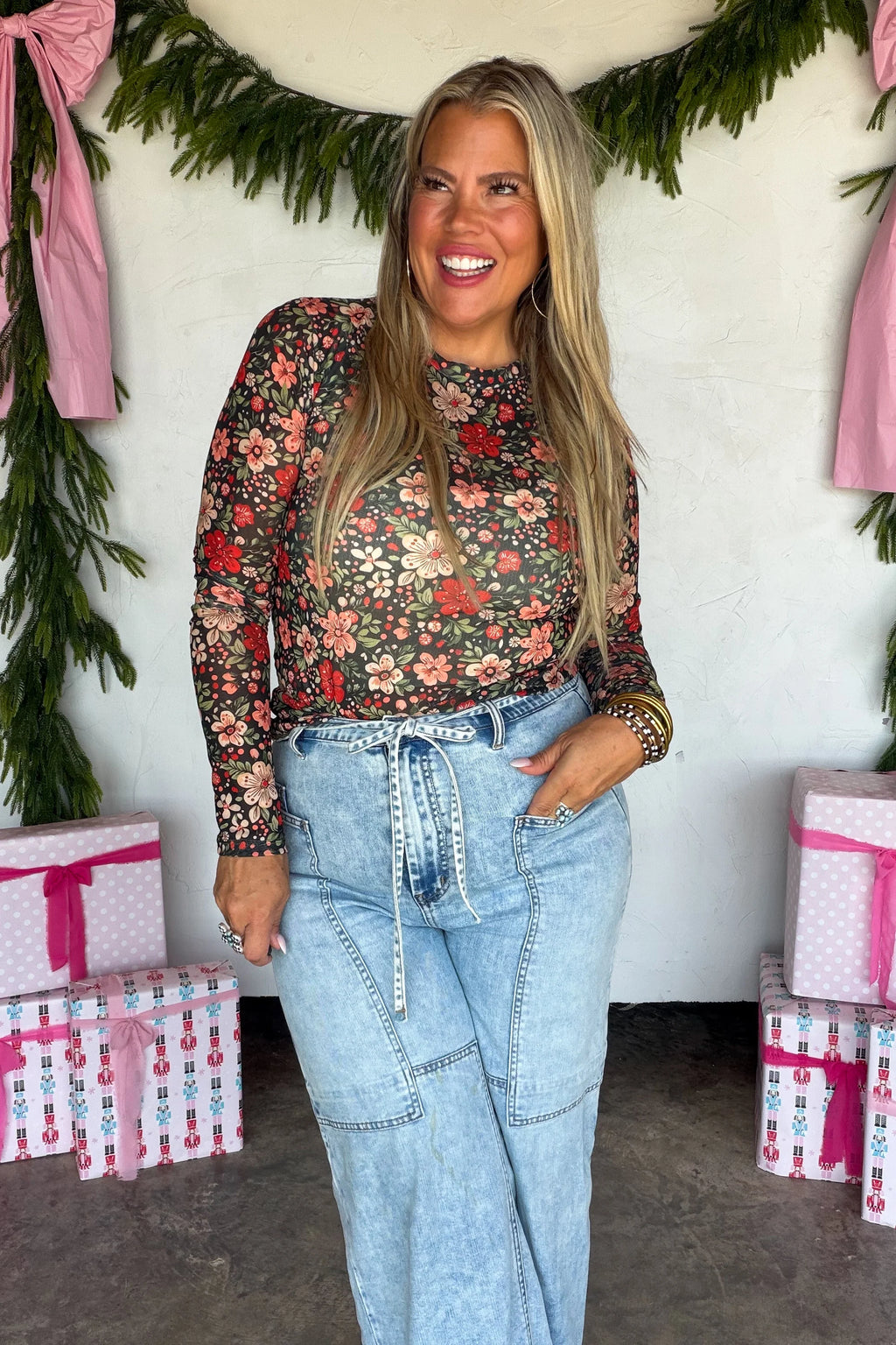 Merry Meshmas Top- Holiday Floral