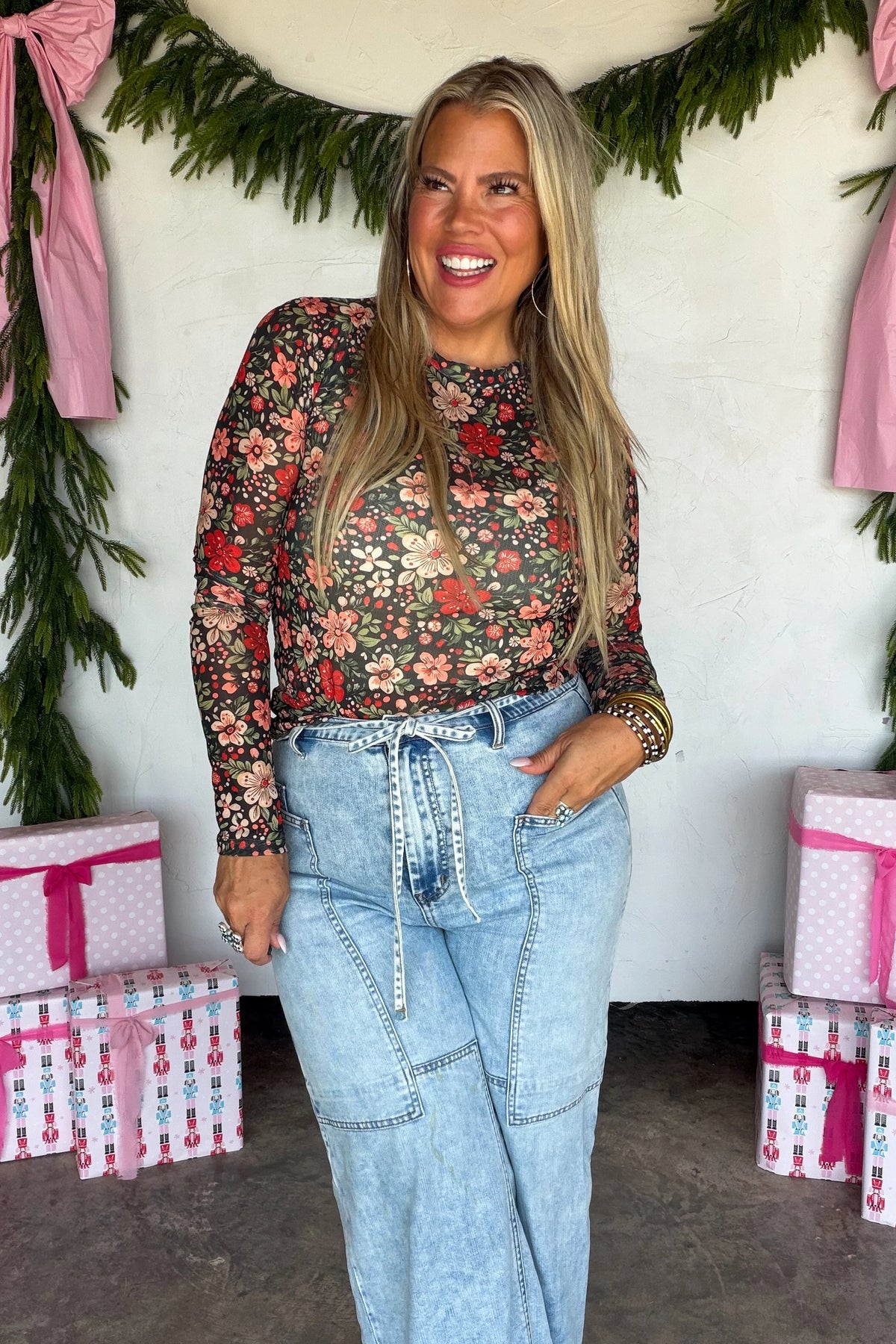 Merry Meshmas Top- Holiday Floral