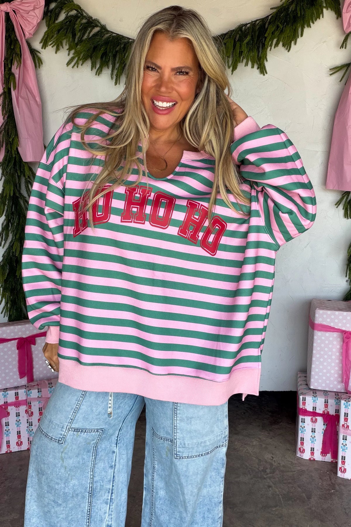 Feeling Festive Oversized Pullover- Ho Ho Ho
