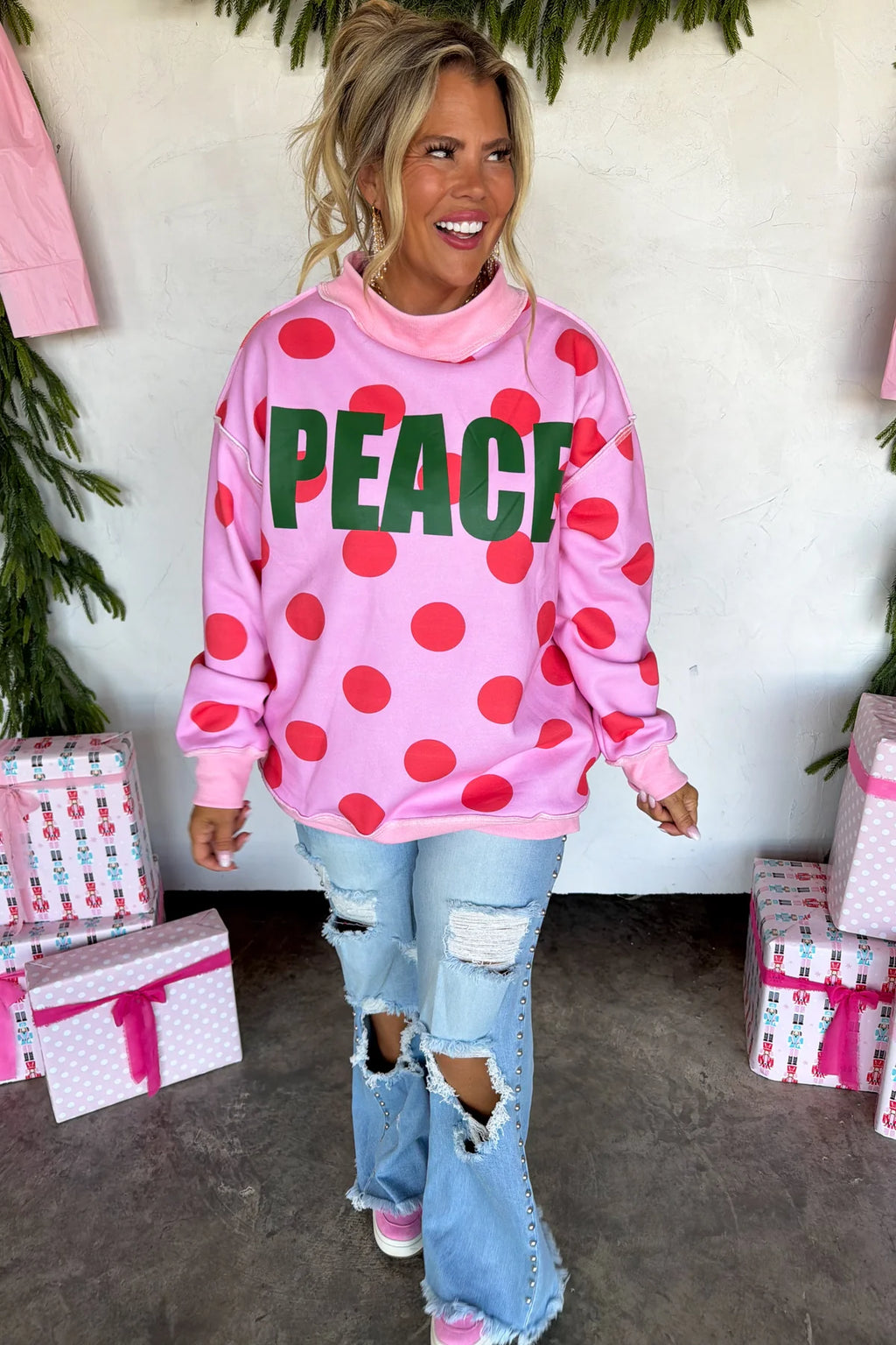 Peace and Polka Dot Pullover- Pink