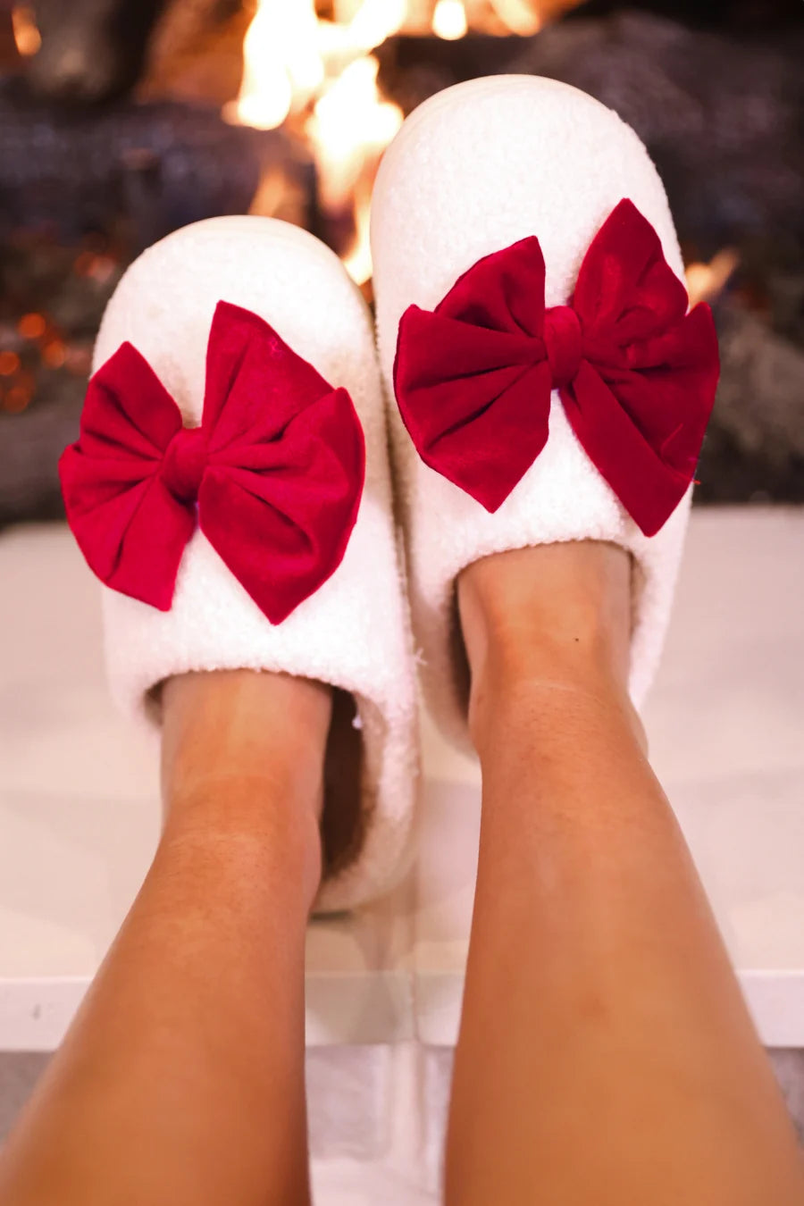 Cozy Bow Slippers- White/Red