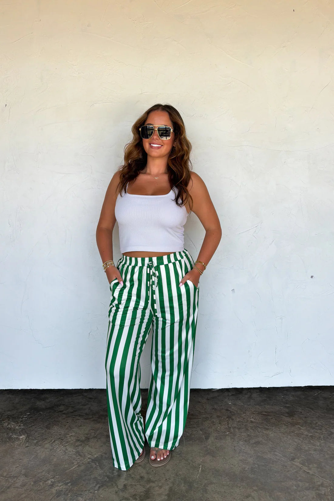 Game Day Baddie Wide Leg Pants- Green Stripe