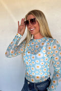 The Blushing Petals Mesh Top- Blue Daises