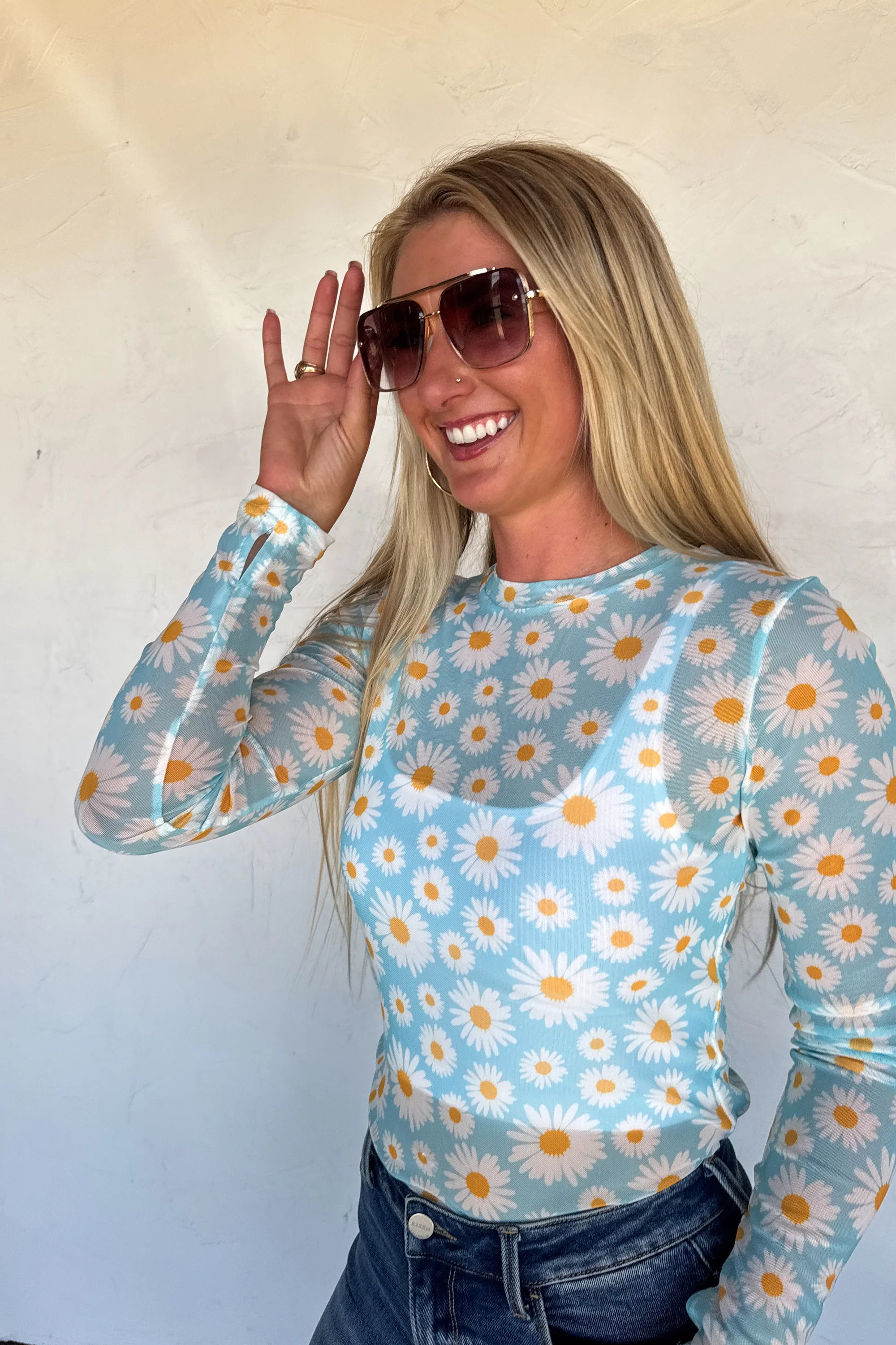 The Blushing Petals Mesh Top- Blue Daises