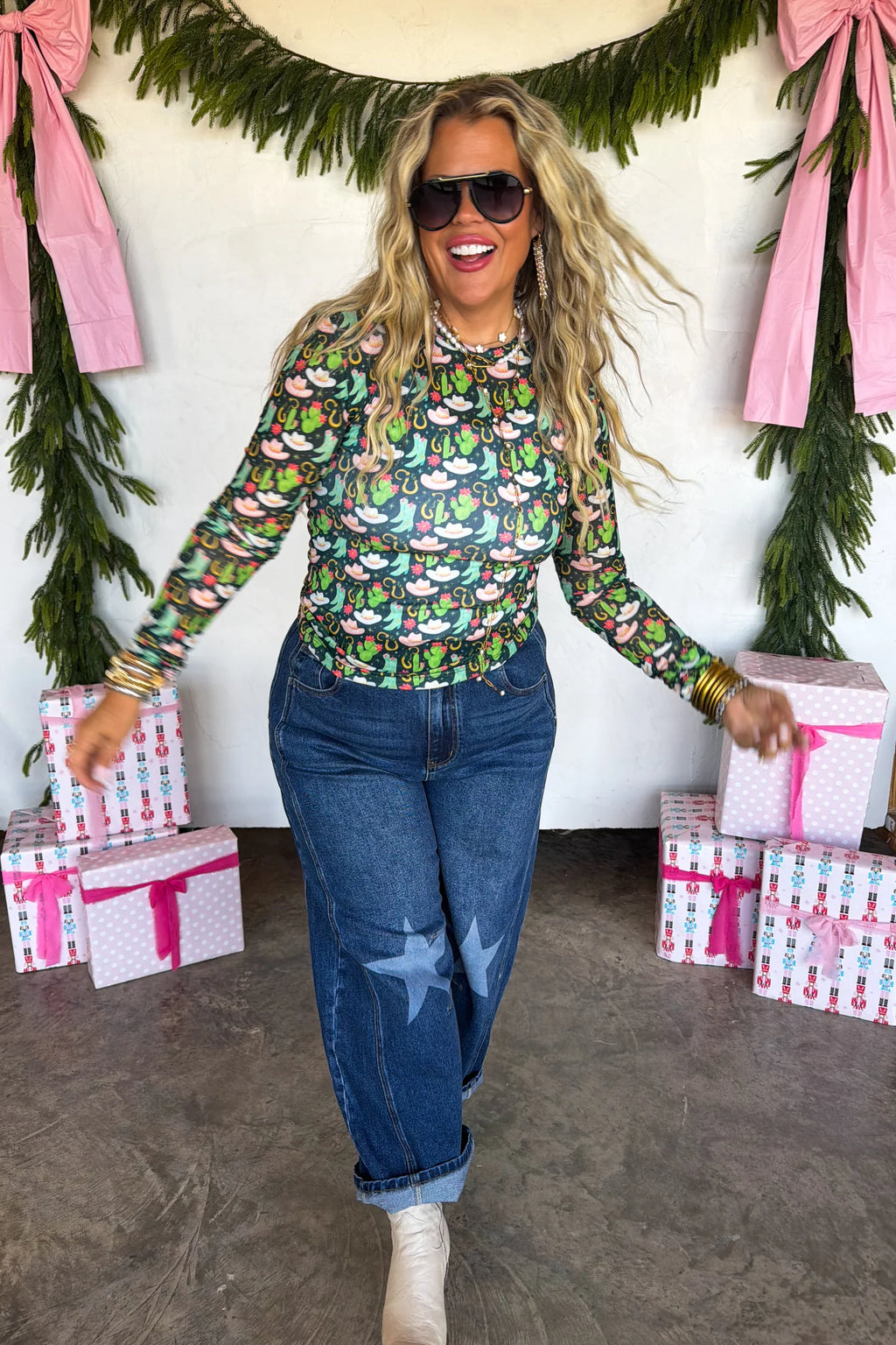 Merry Meshmas Top- Cactus and Boots