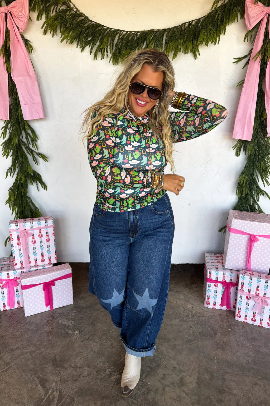 Merry Meshmas Top- Cactus and Boots