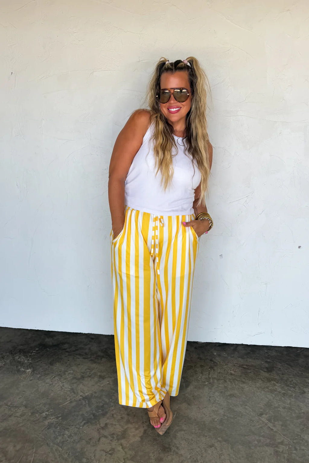 Game Day Baddie Wide Leg Pants- Yellow Stripe