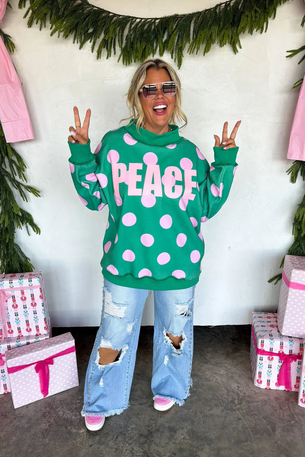 Peace and Polka Dot Pullover- Green