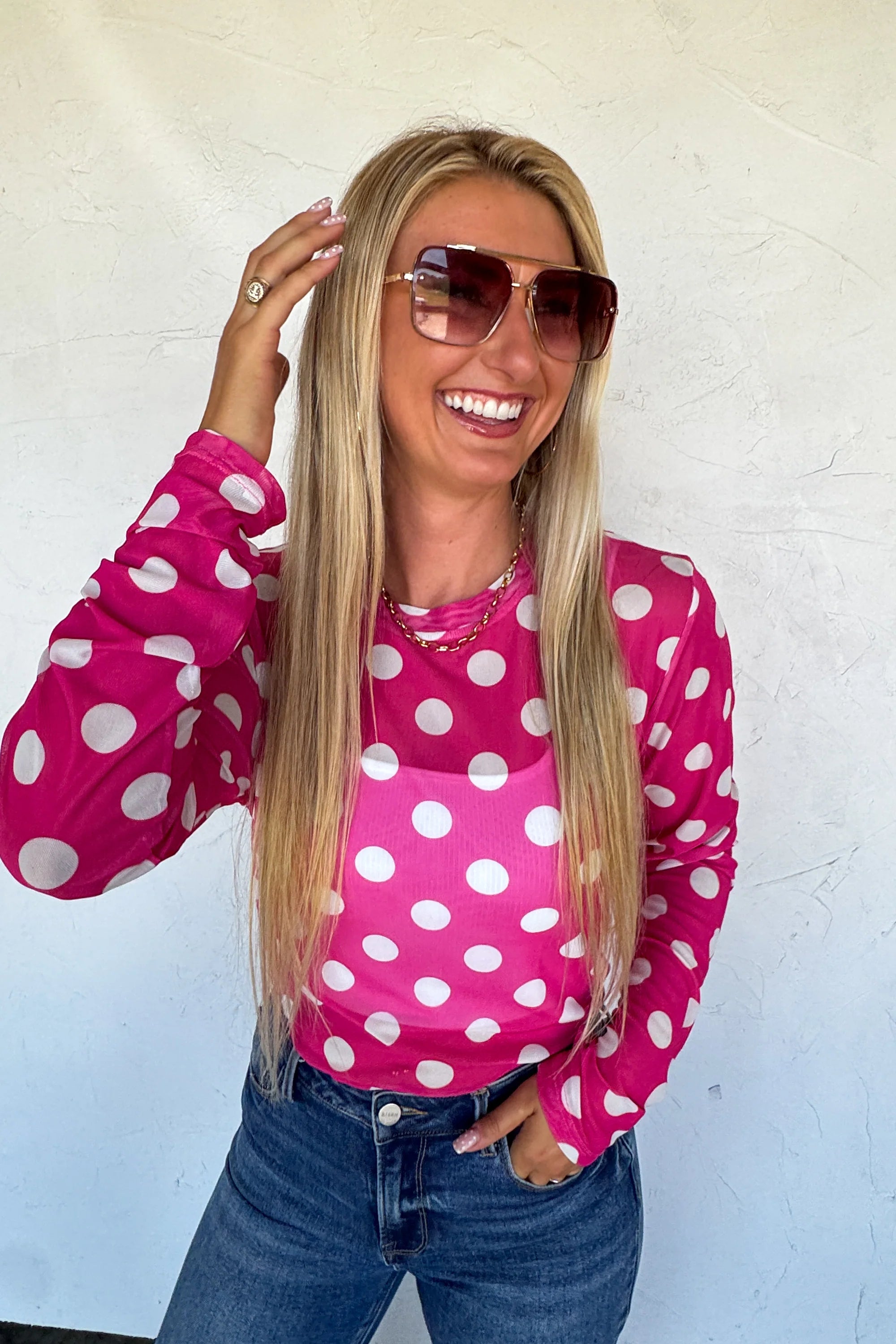 The Blushing Petals Mesh Top- Pink Polka Dot