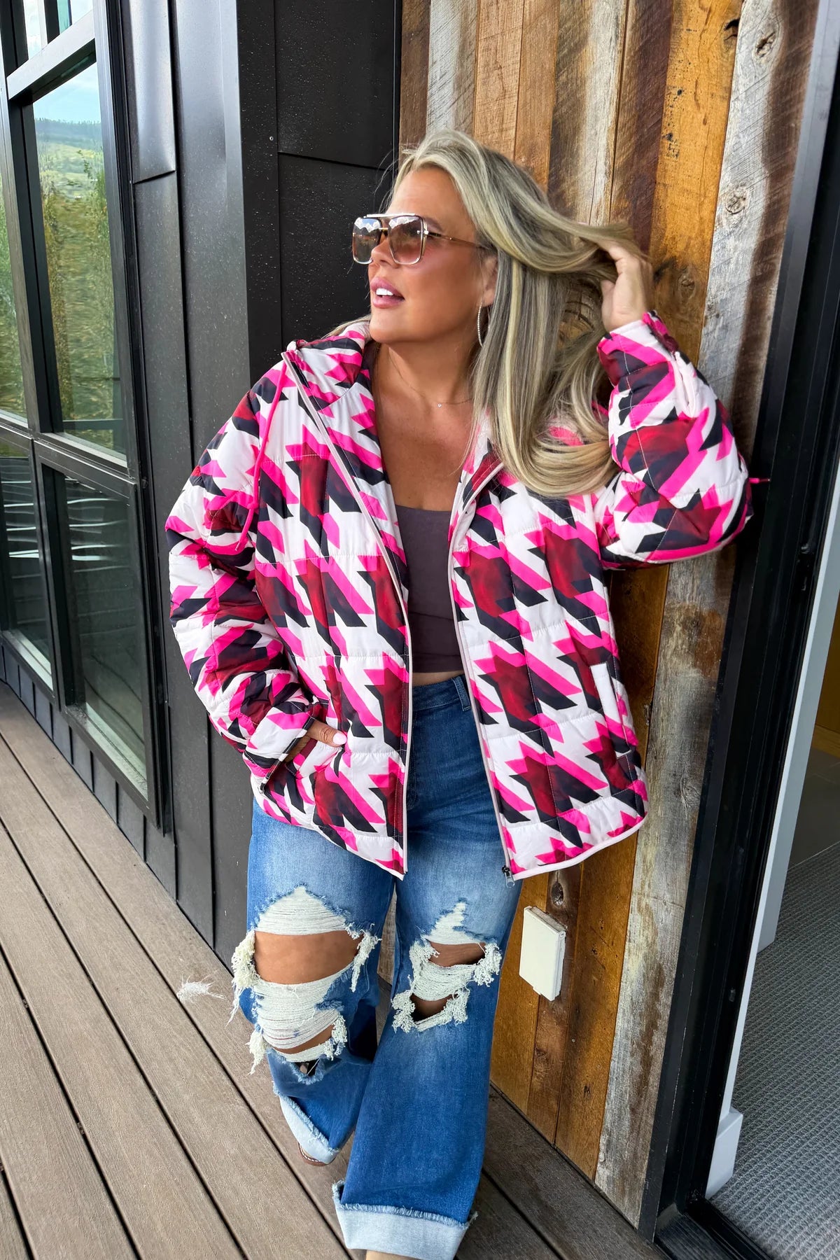 Slope Side Puffer Jacket - Pink Houndstooth