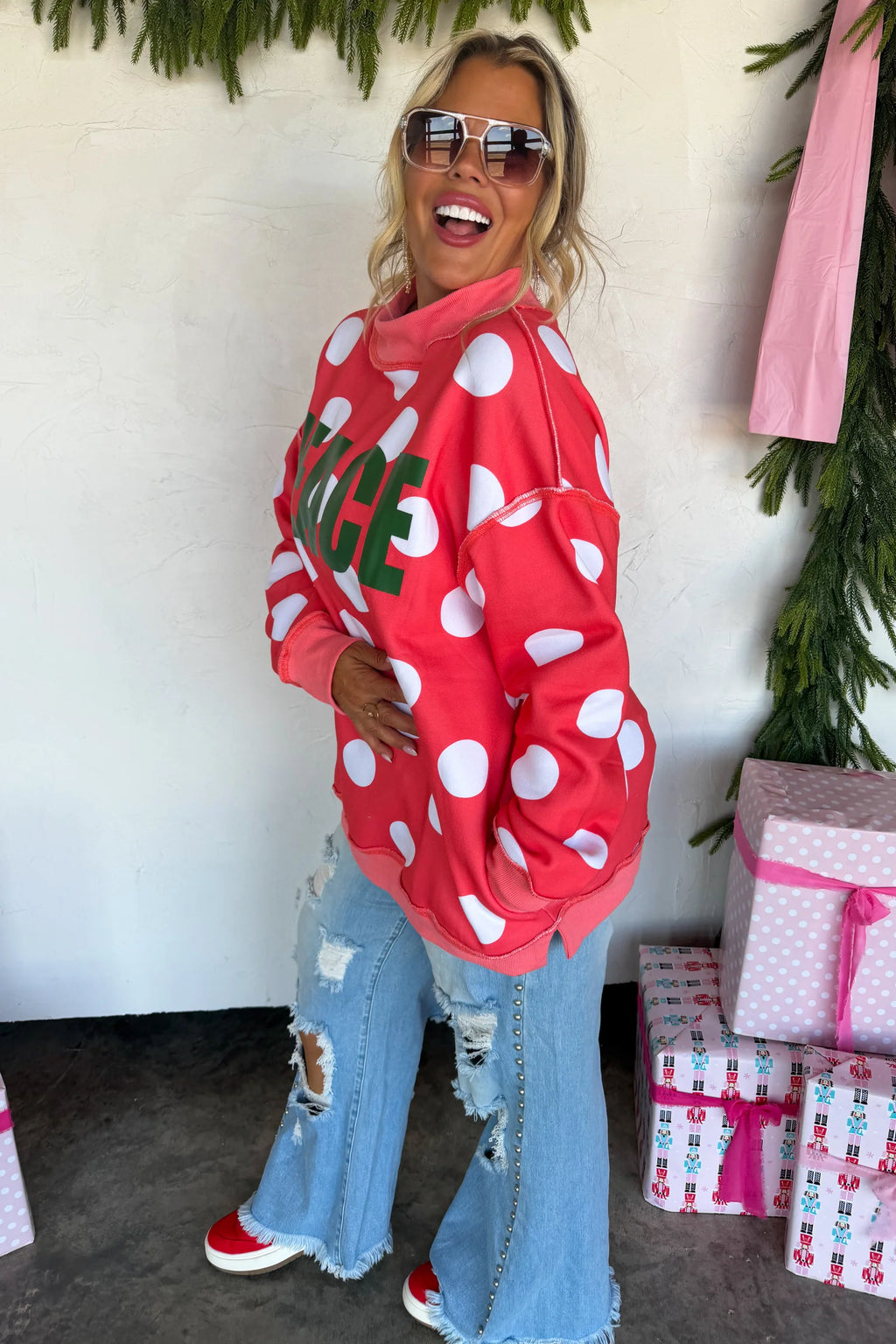 Peace and Polka Dot Pullover- Red