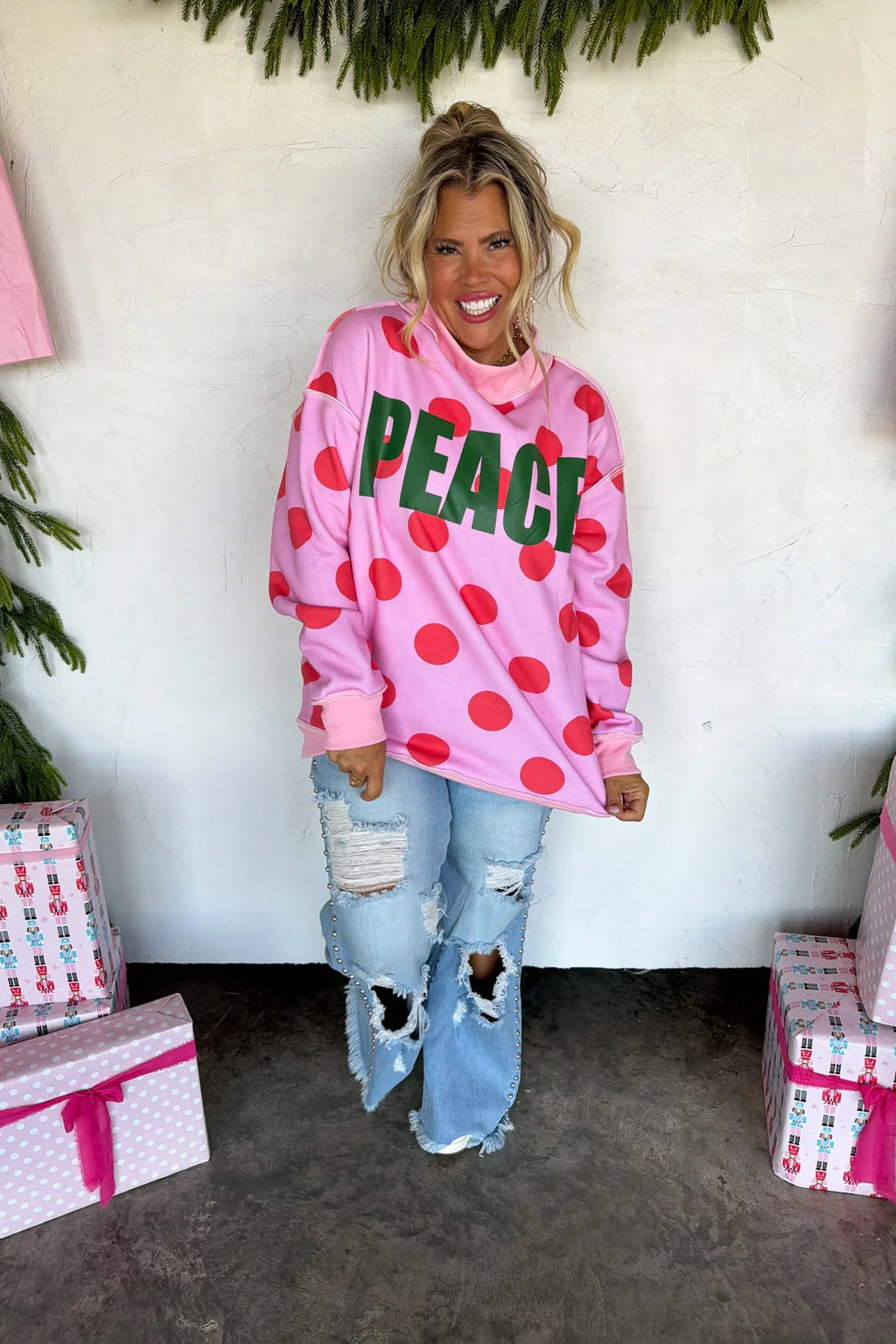 Peace and Polka Dot Pullover- Pink