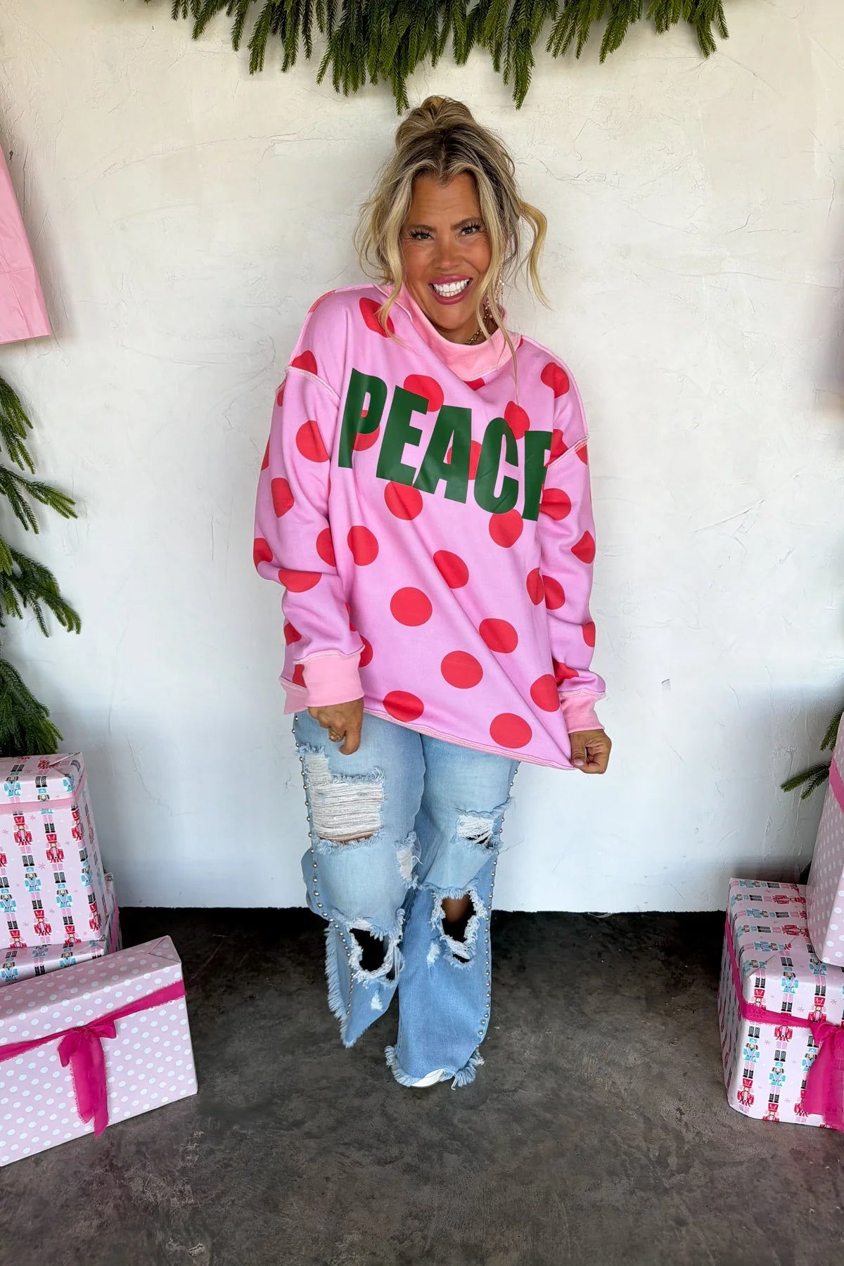 Peace and Polka Dot Pullover- Pink