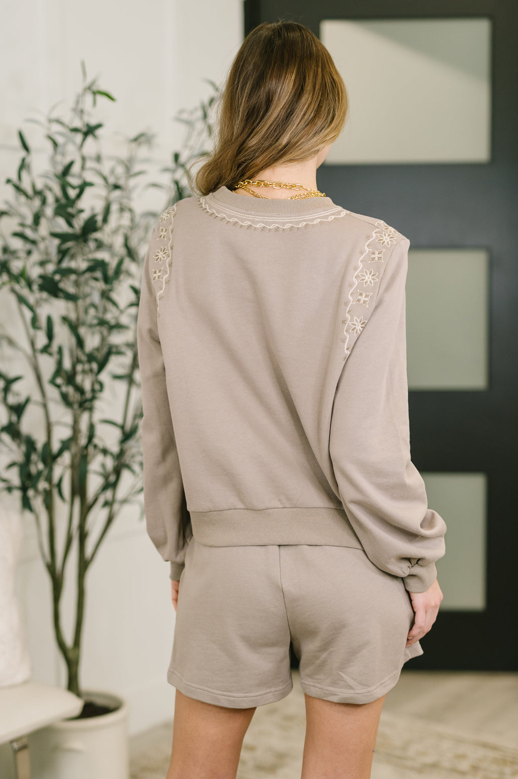 The Little Bit of Comfort Embroidered Top and Bottom Set- Taupe