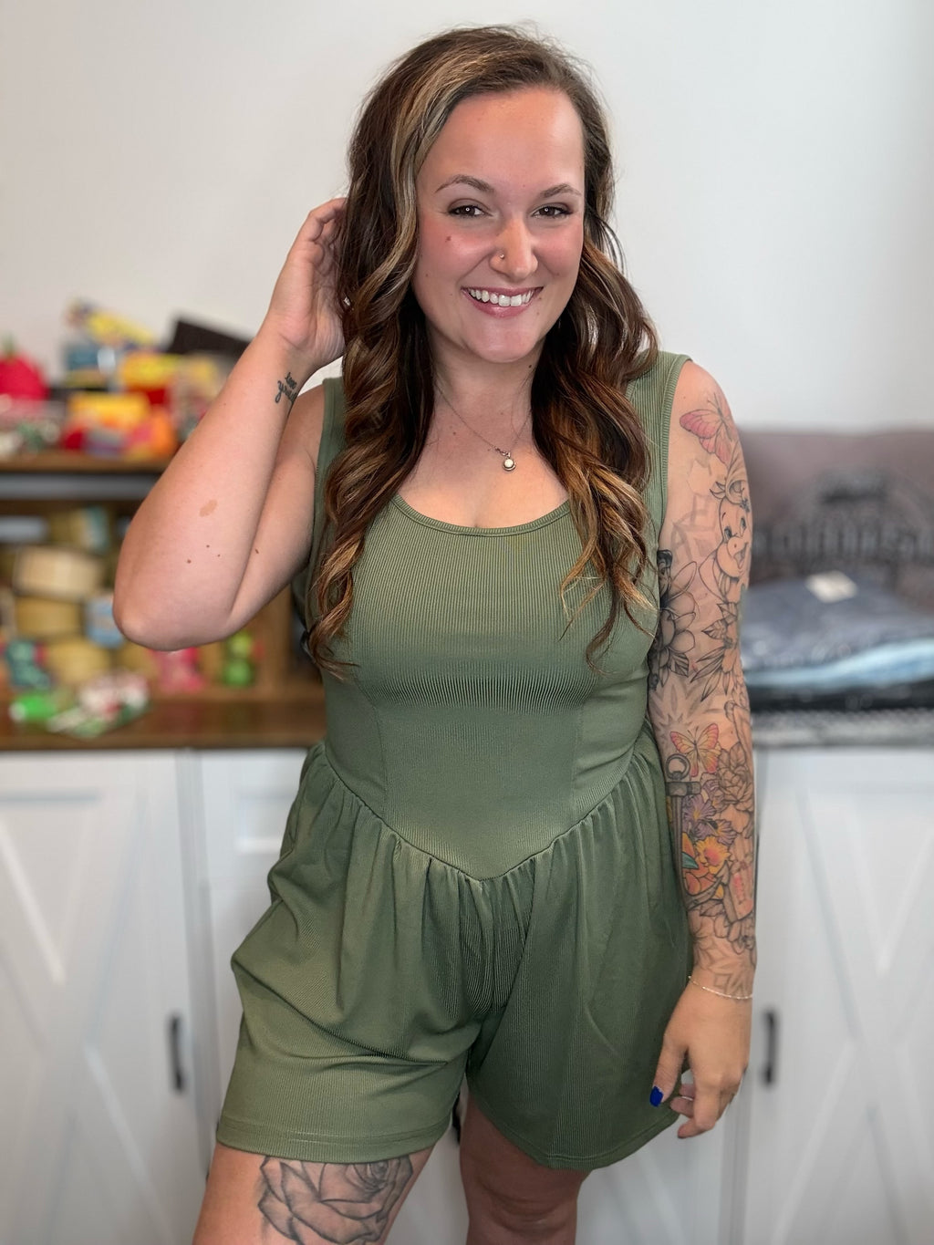 The Weekend Plans Romper- Olive