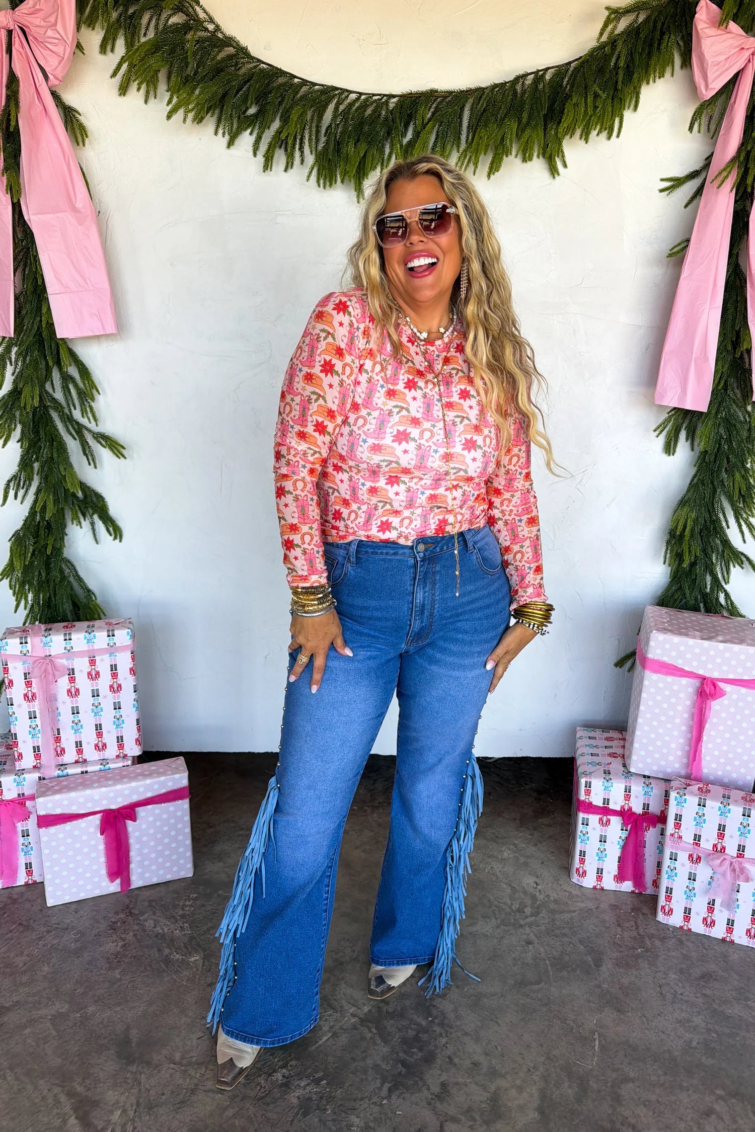 Merry Meshmas Top- Pink Boots