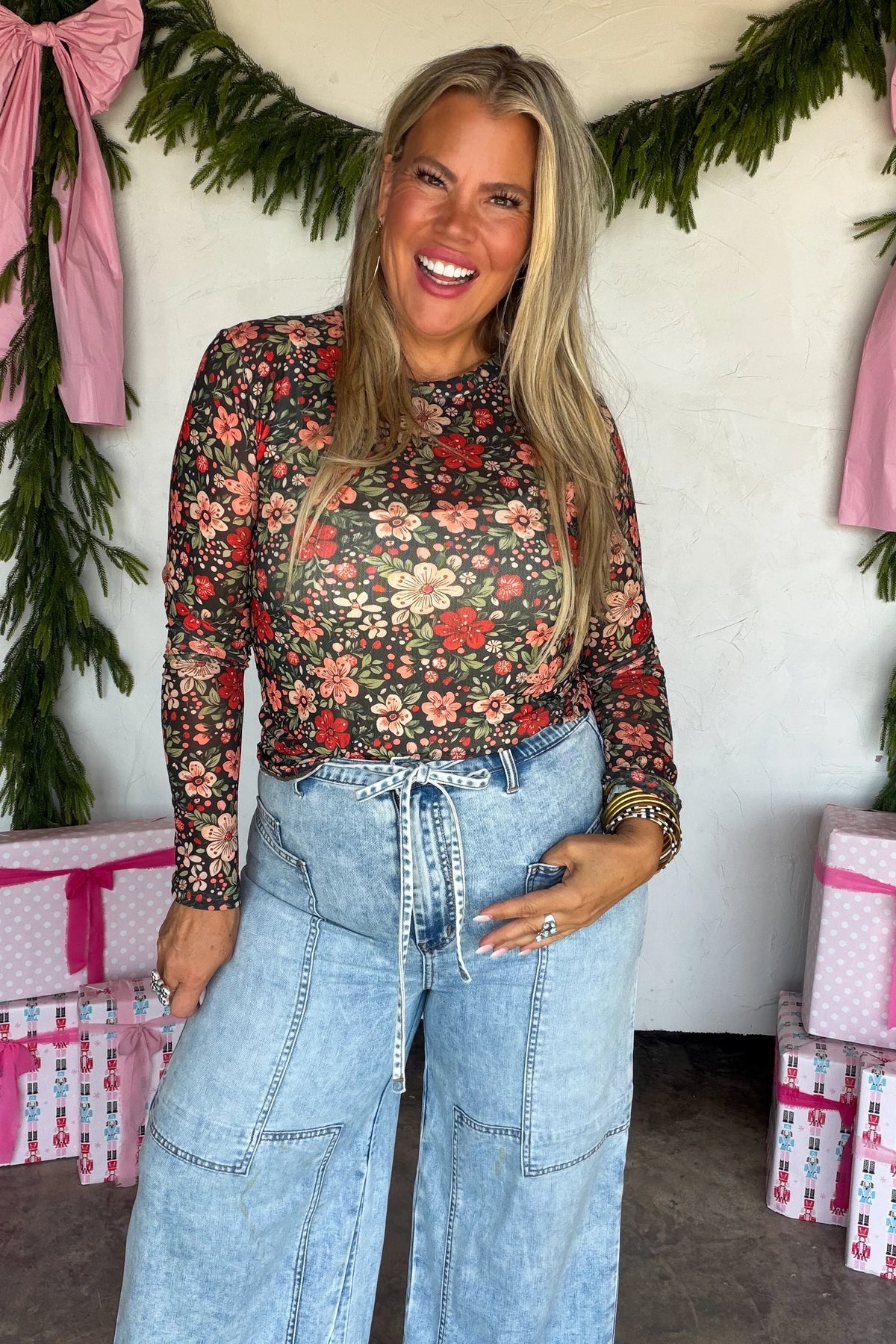 Merry Meshmas Top- Holiday Floral
