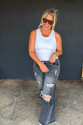 Off the Grid Studded Jeans- Black Distressed Denim