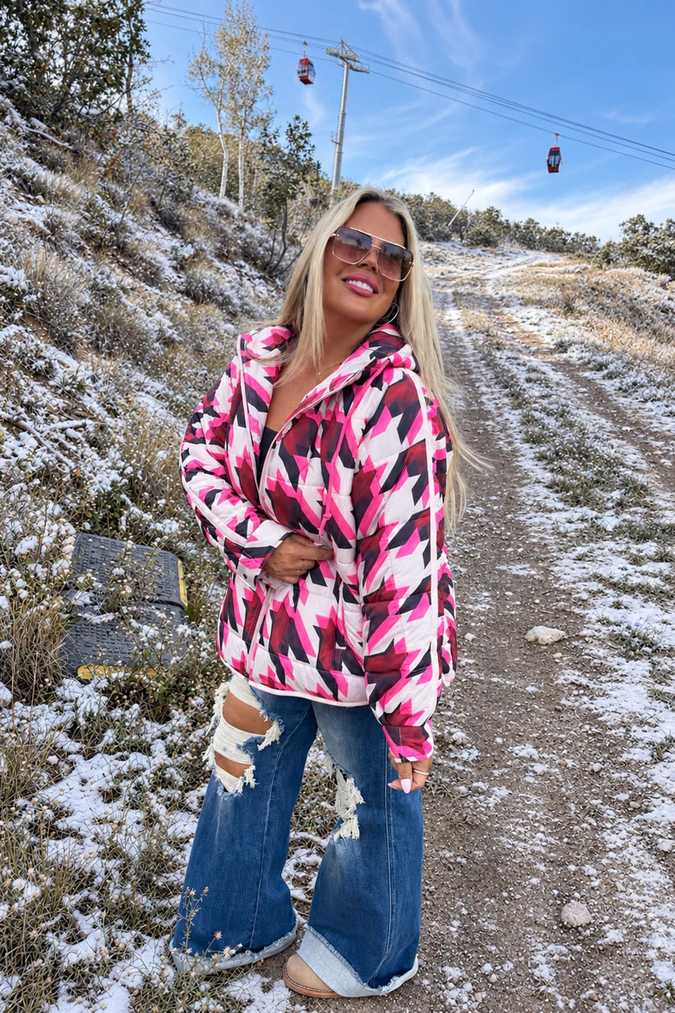 Slope Side Puffer Jacket - Pink Houndstooth