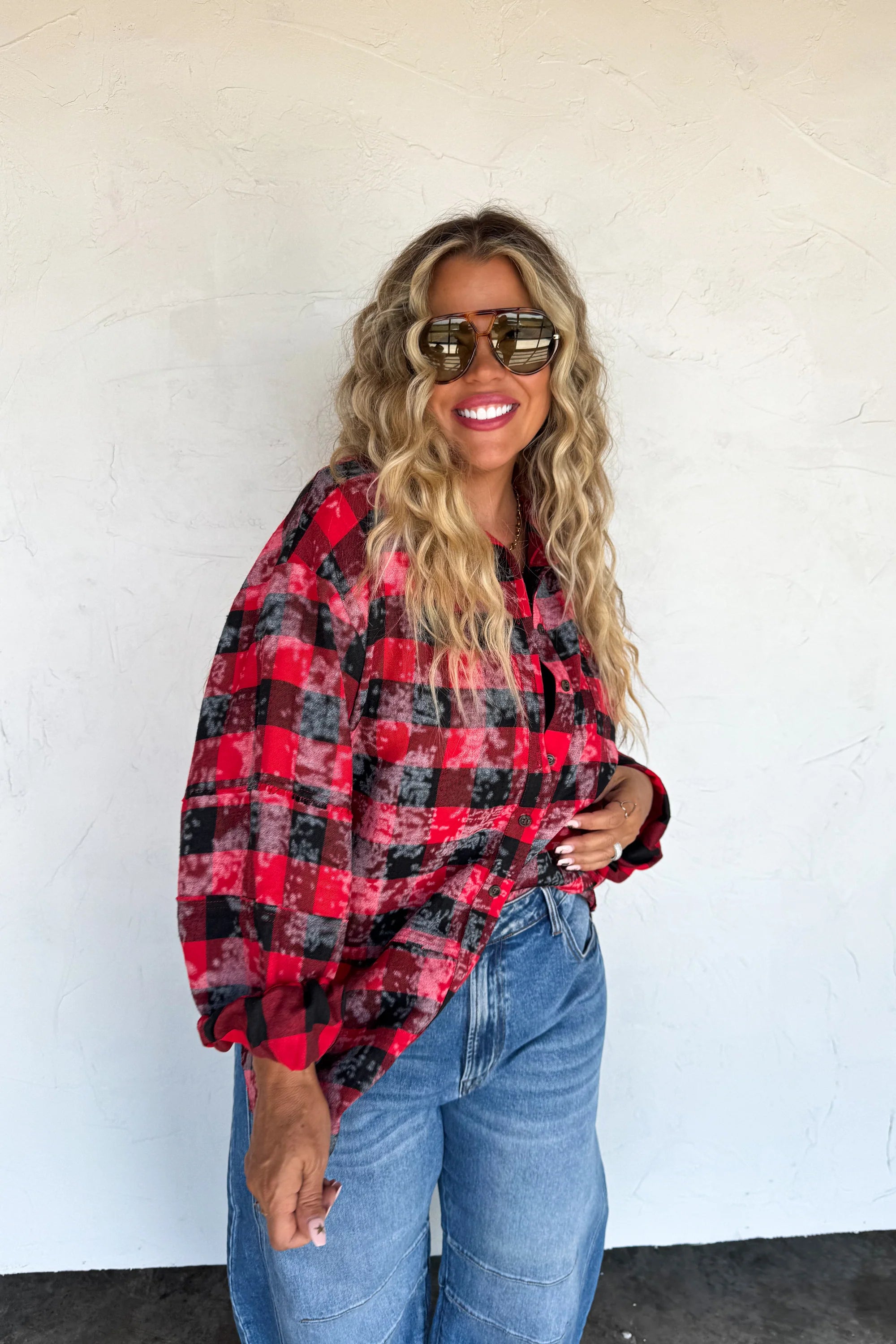 The Bleached Out Button-Up- Red & Black