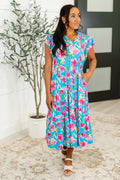 The Fleurget Me Not Tiered Flutter Sleeve Dress- Aqua