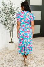 The Fleurget Me Not Tiered Flutter Sleeve Dress- Aqua