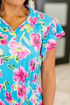 The Fleurget Me Not Tiered Flutter Sleeve Dress- Aqua