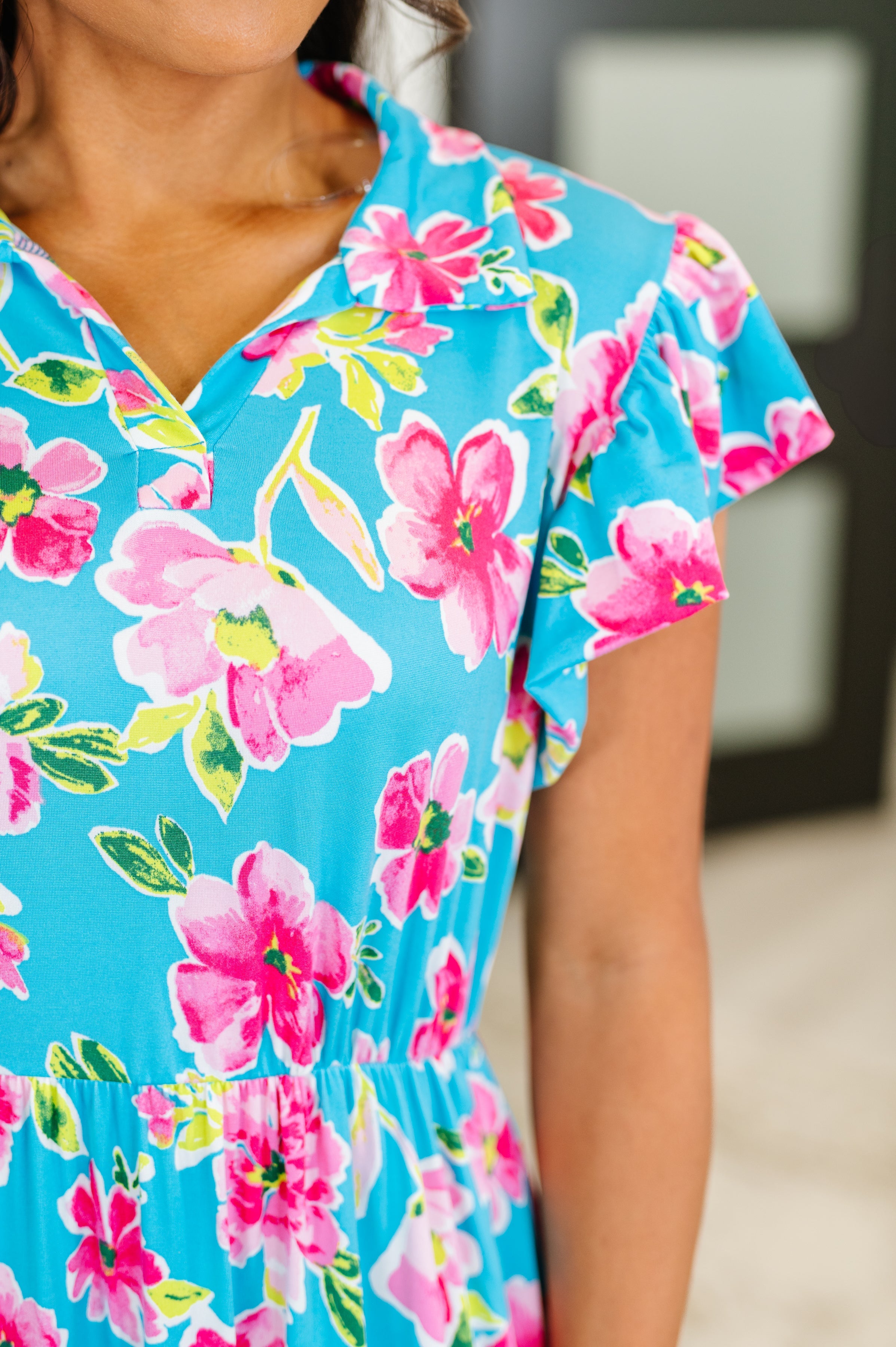 The Fleurget Me Not Tiered Flutter Sleeve Dress- Aqua