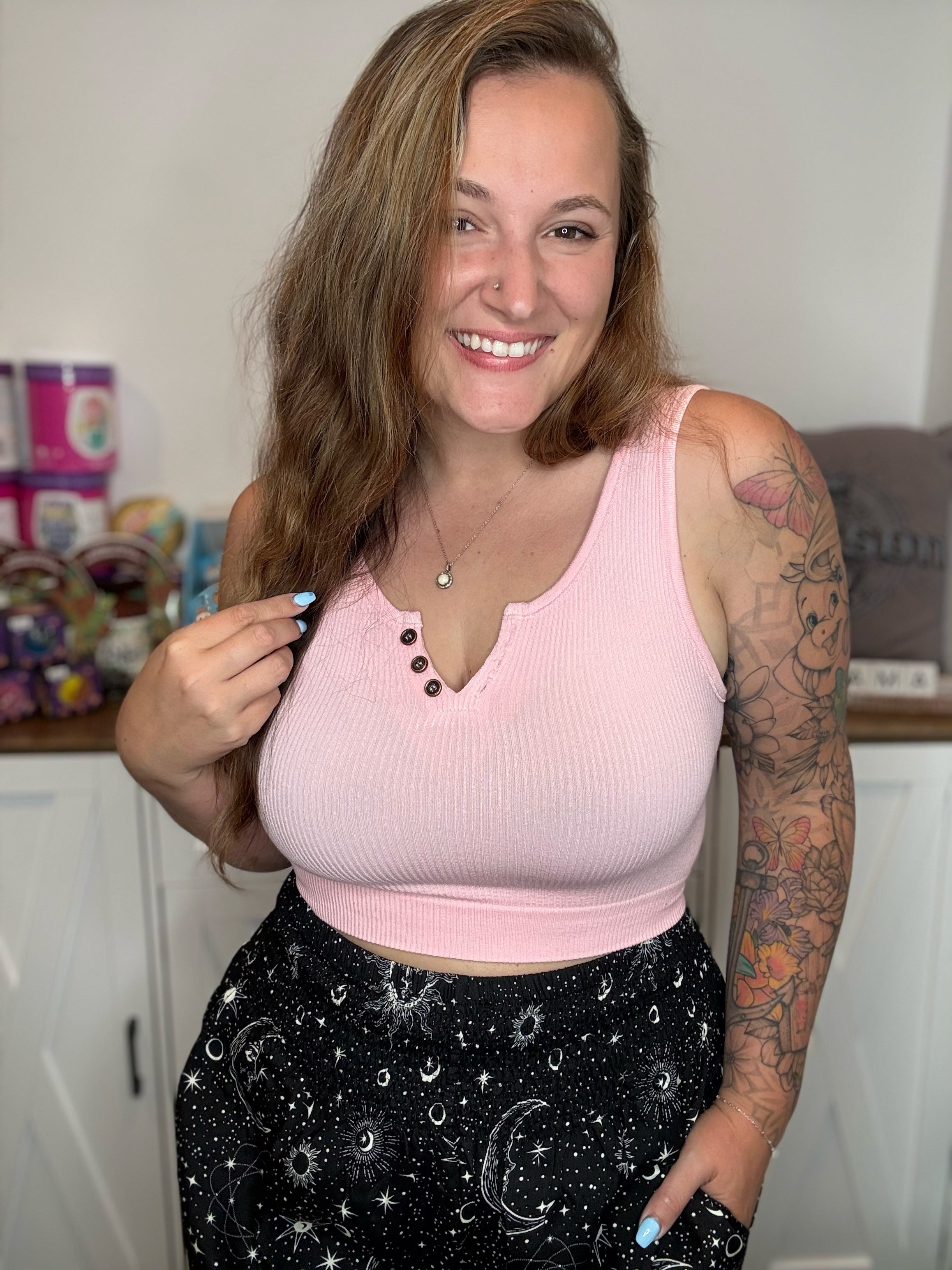 Sea Salt Henley Tank- Powder Pink