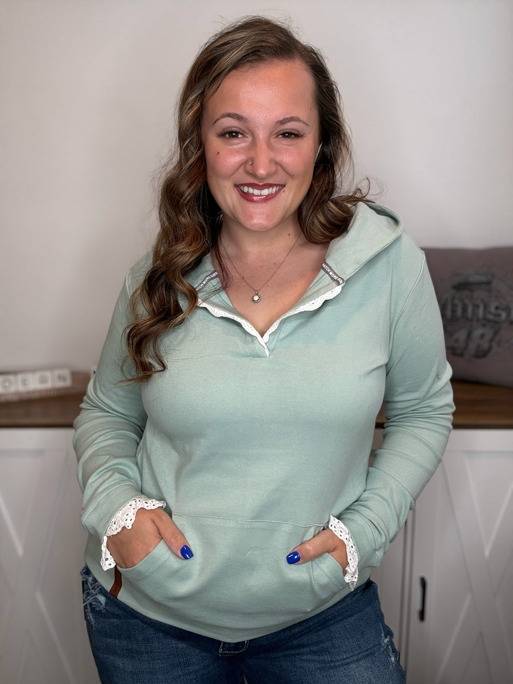 Sea Breeze Lace Ampersand Henley Hoodie