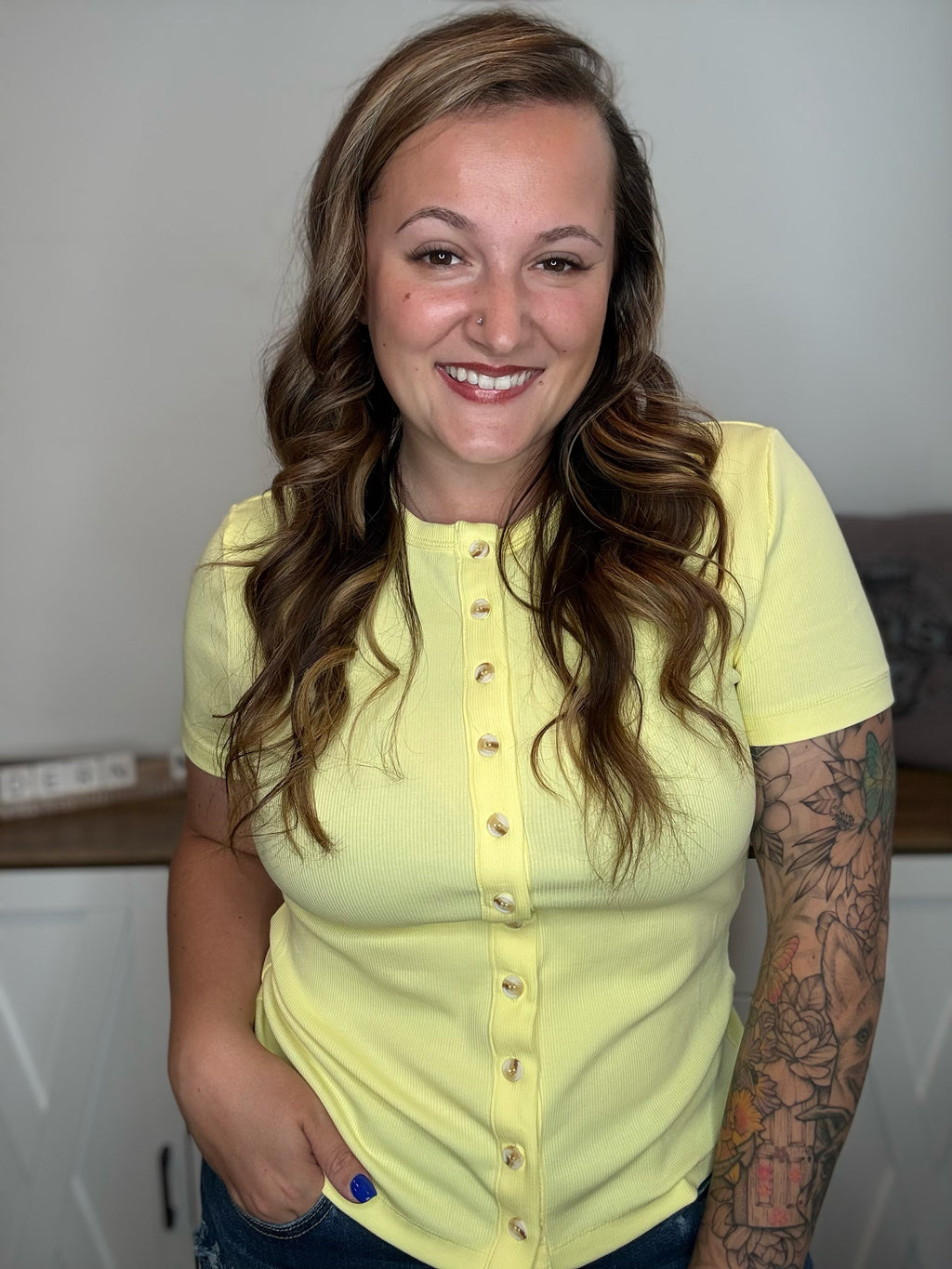 Banana Button Front Ampersand Lulu Tee