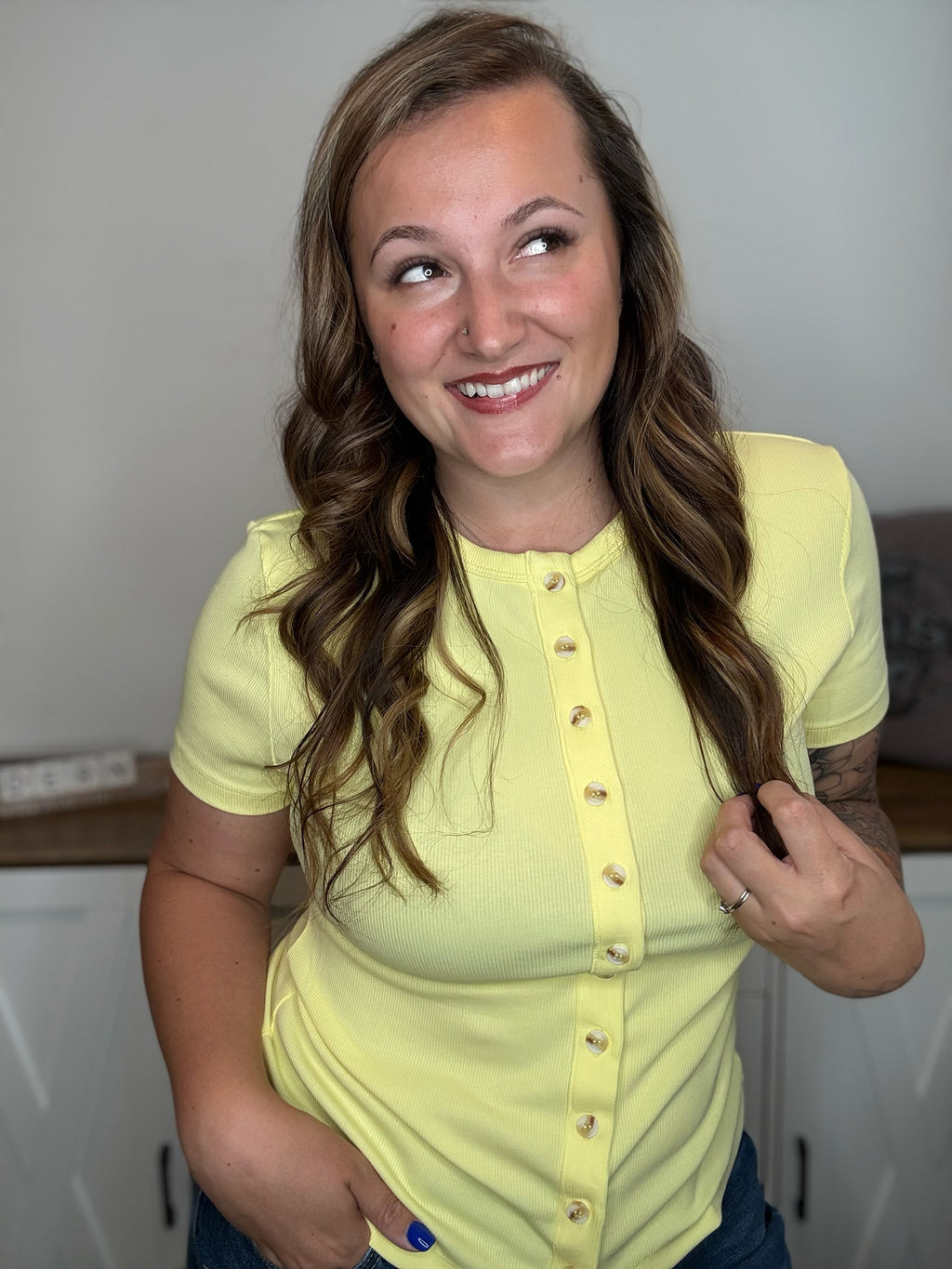 Banana Button Front Ampersand Lulu Tee