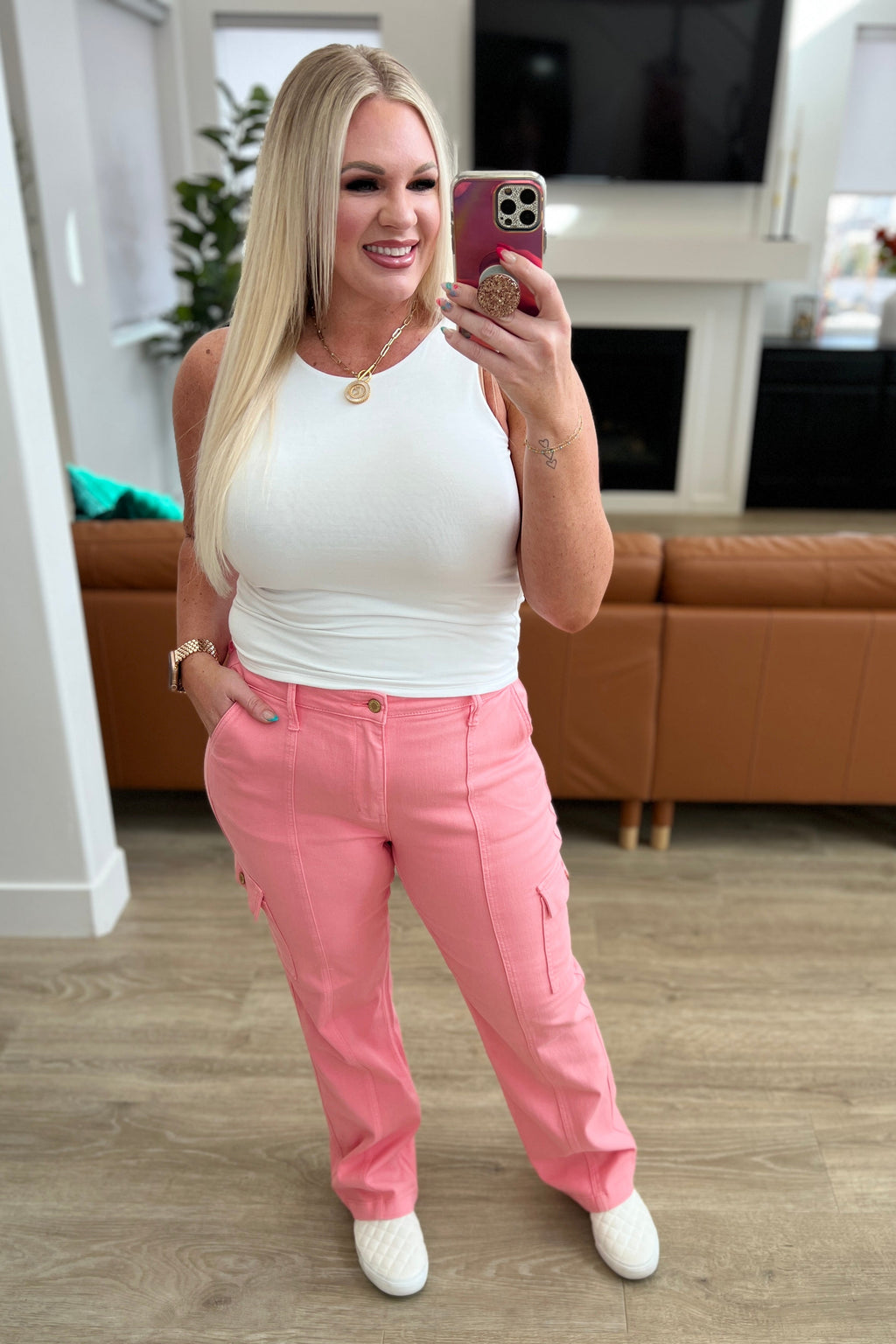 Judy Blue High Rise Cargo Straight Jeans- Pink