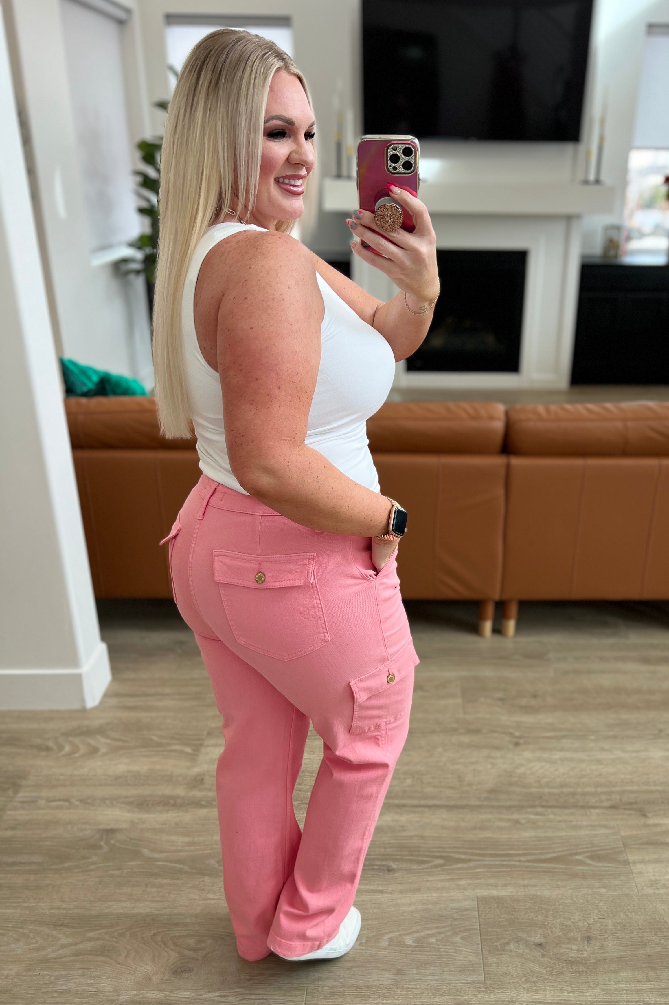 Judy Blue High Rise Cargo Straight Jeans- Pink