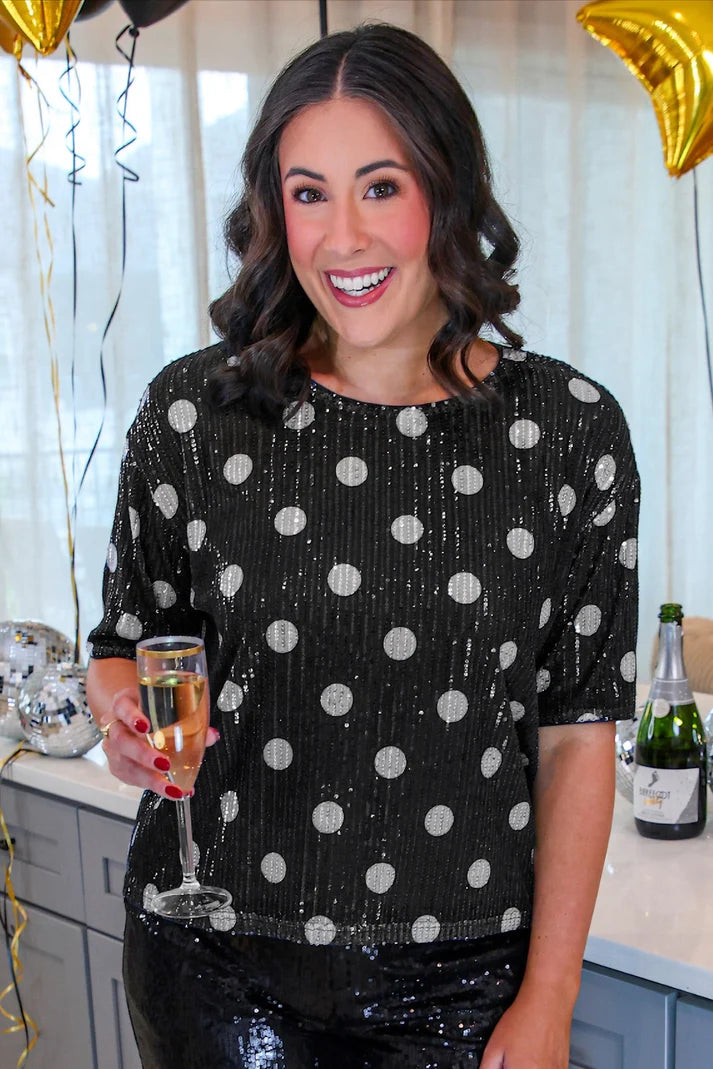 Polka Dot Pop Sequin Top- Black/Silver