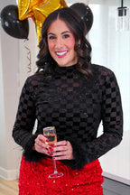 Times Square Feather Mesh Top- Black