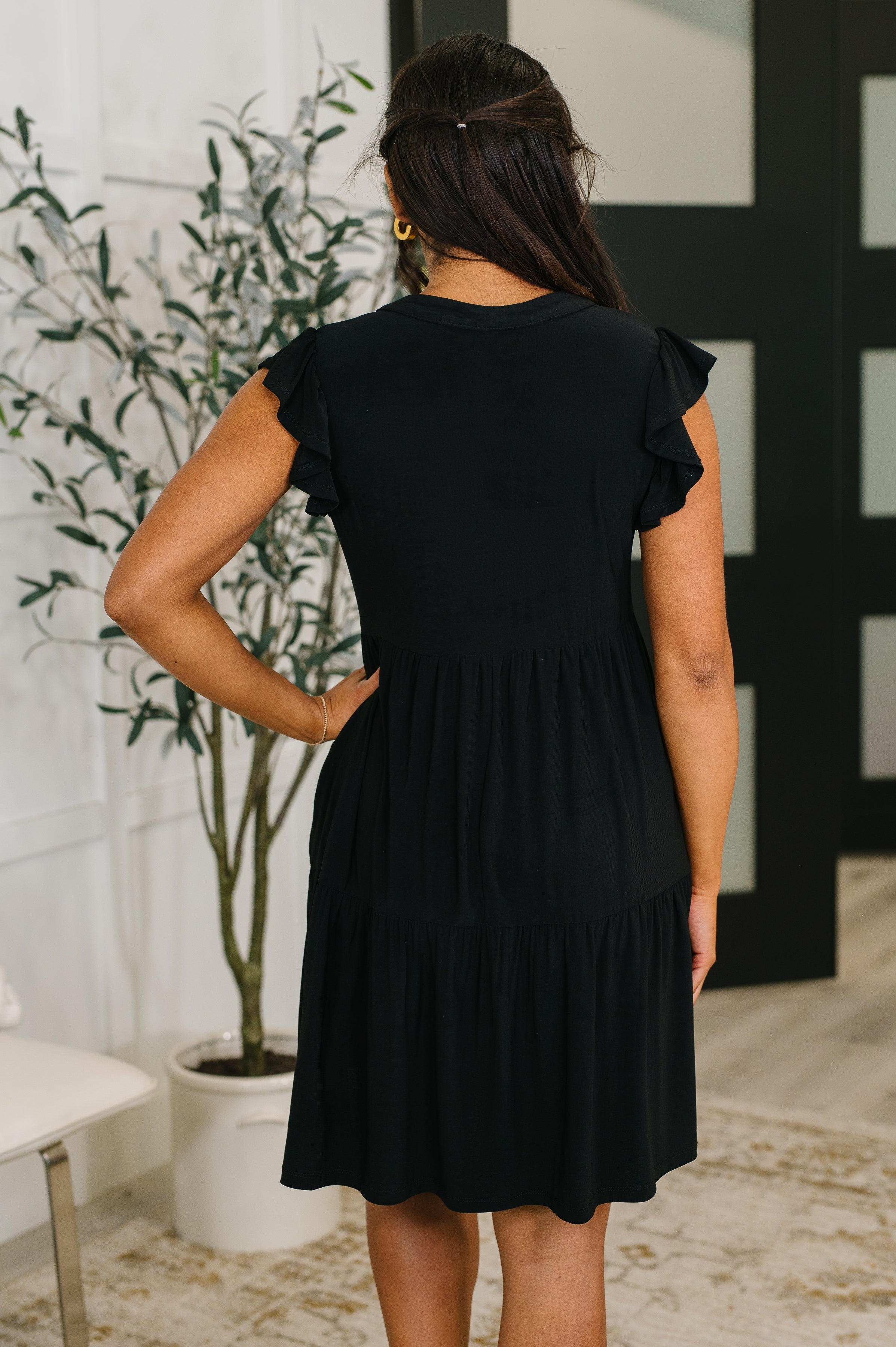Forever Flutter Sleeve Dress- Black