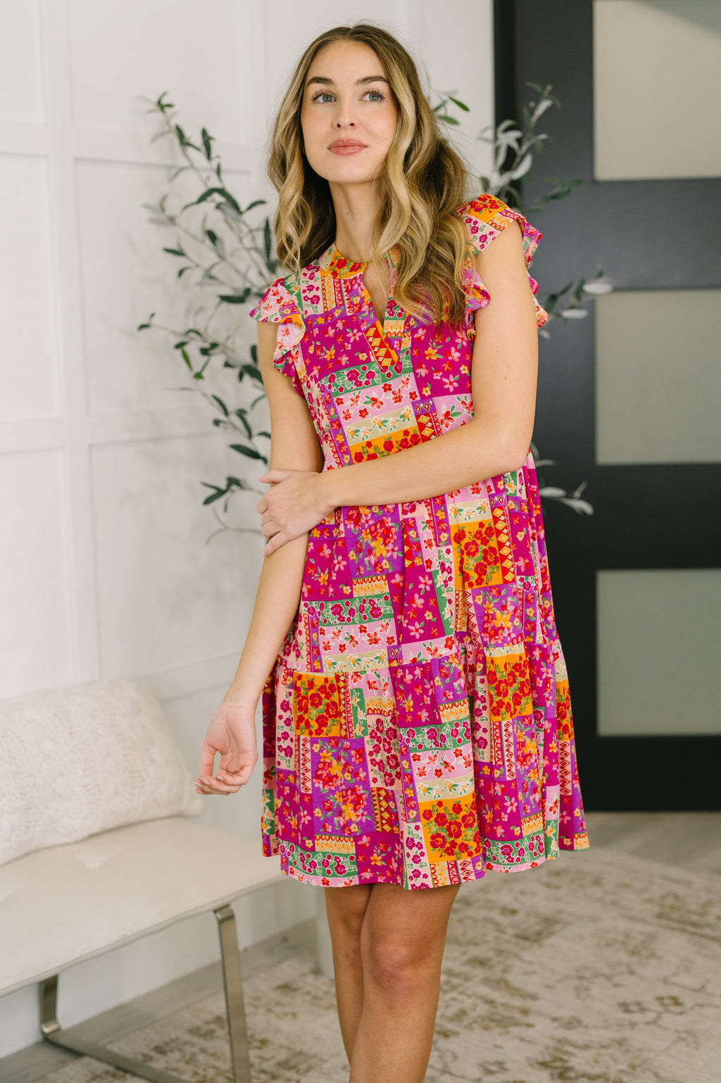 Forever Flutter Sleeve Dress- Patchwork Floral
