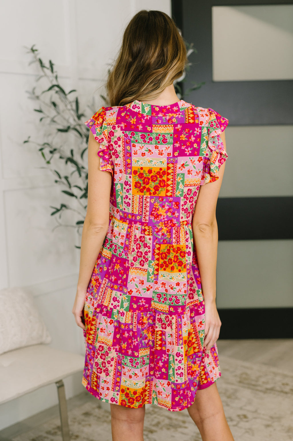 Forever Flutter Sleeve Dress- Patchwork Floral