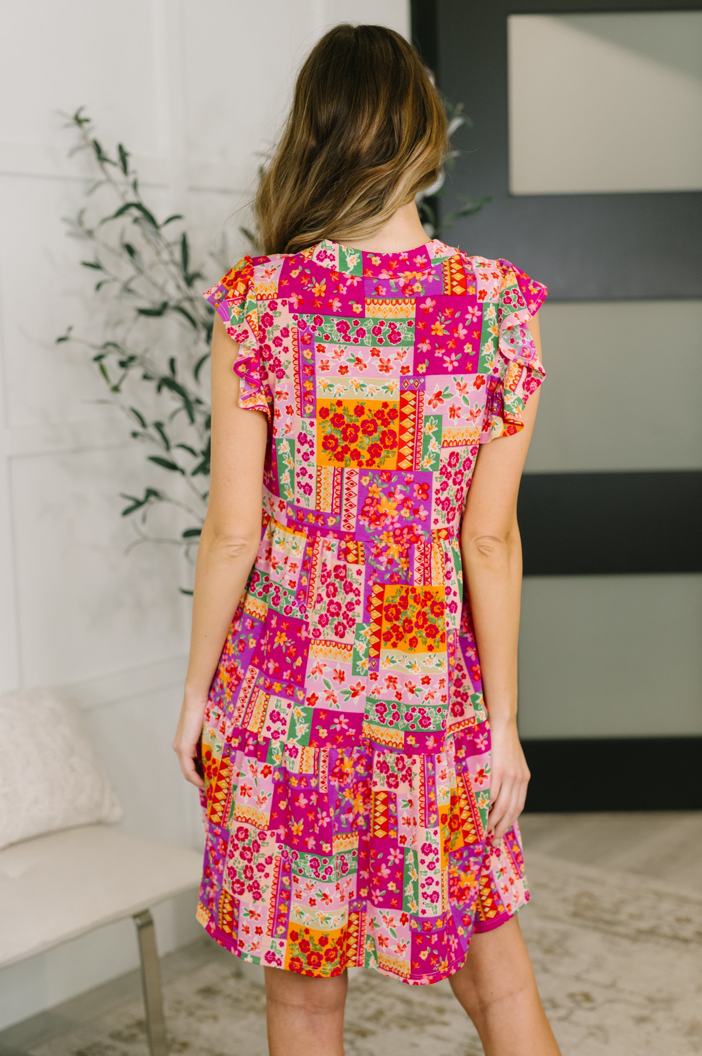 Forever Flutter Sleeve Dress- Patchwork Floral