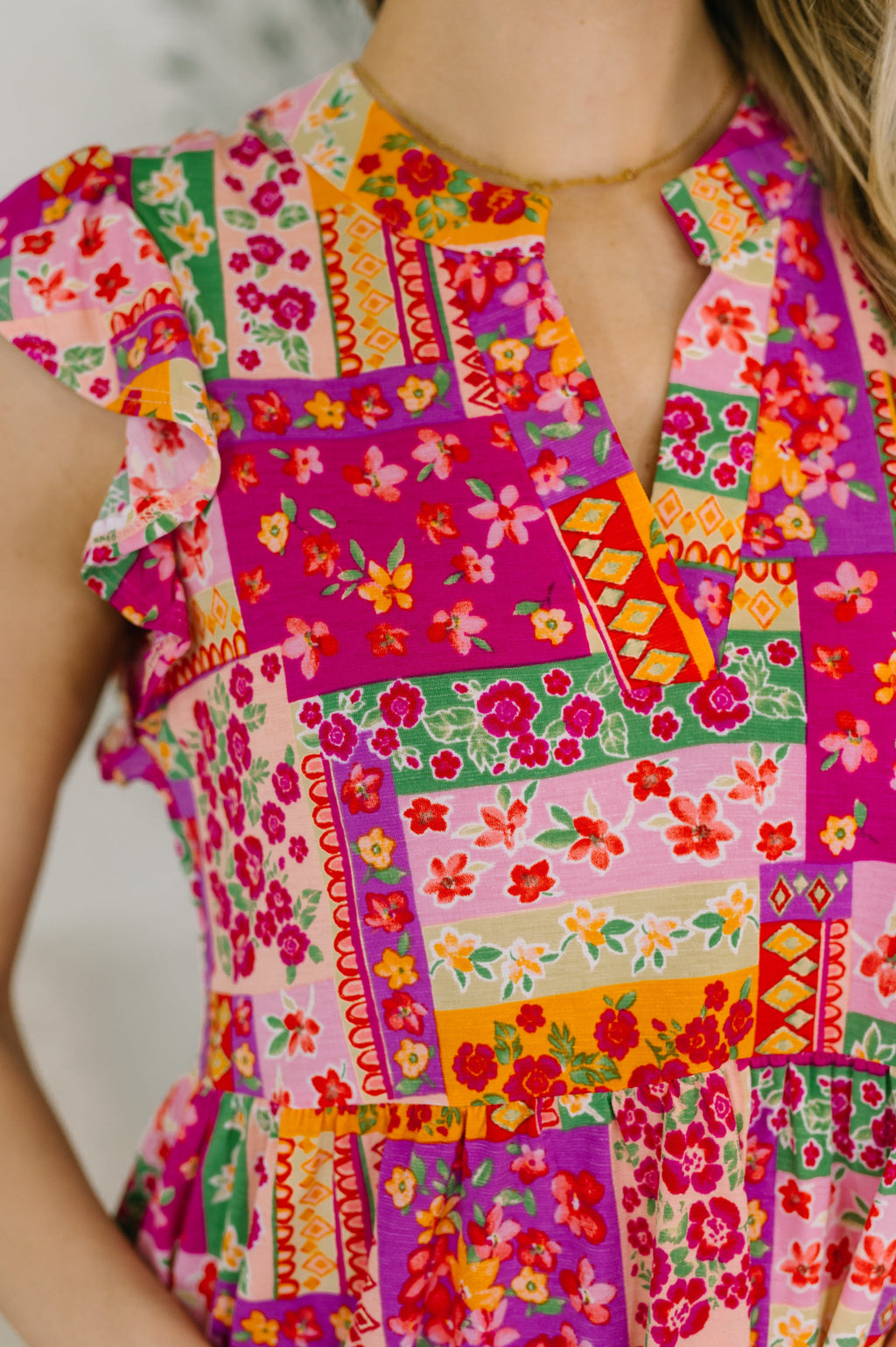Forever Flutter Sleeve Dress- Patchwork Floral