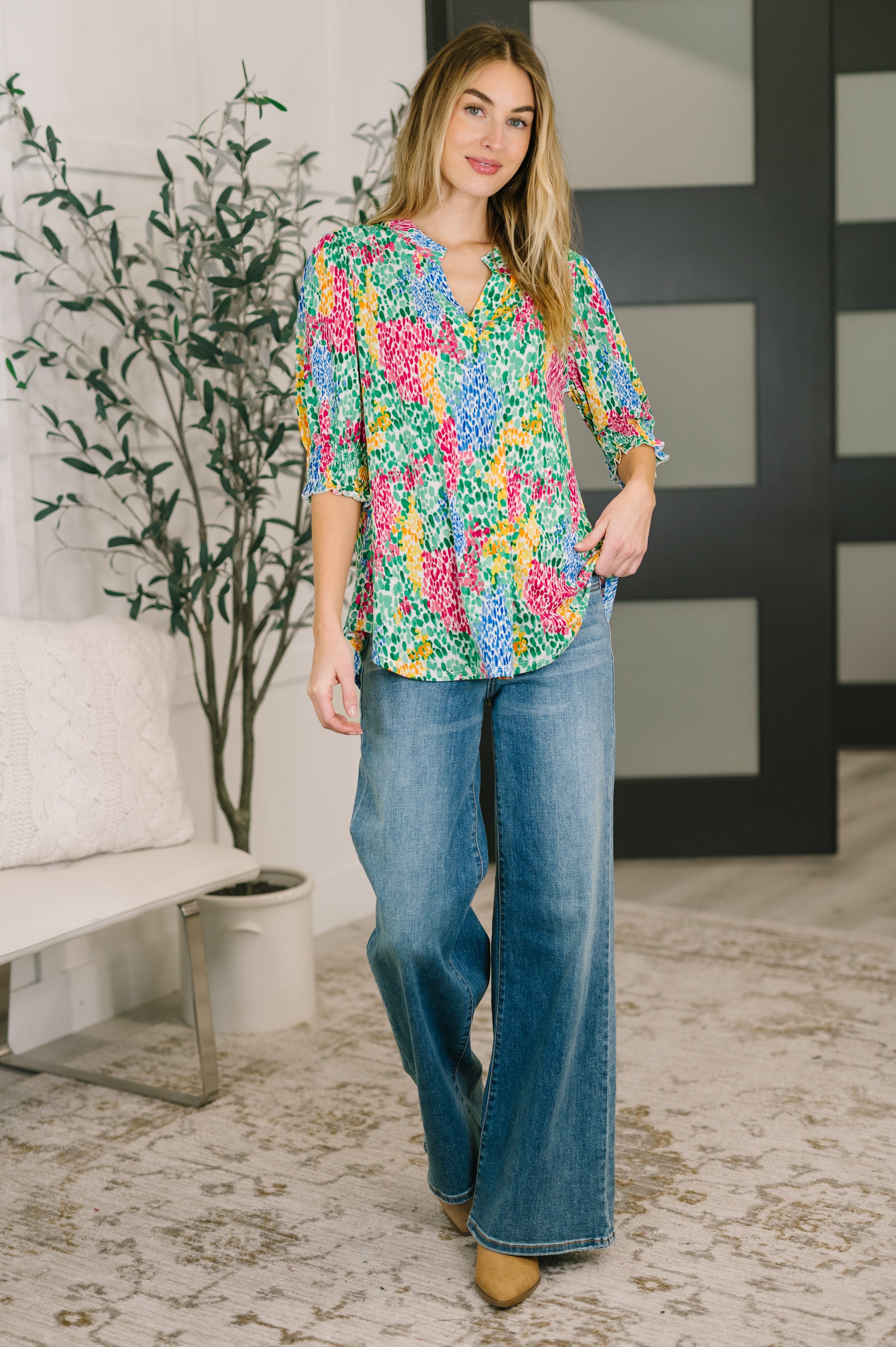 The Flatter Me Fabulous Top - Light Multi Painted