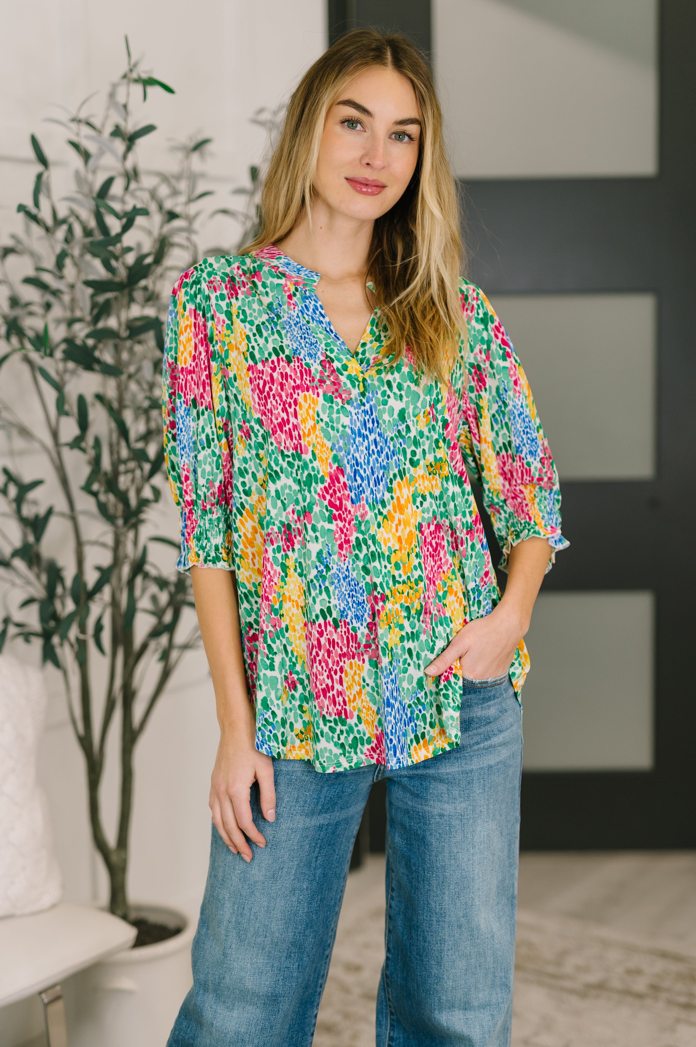 The Flatter Me Fabulous Top - Light Multi Painted