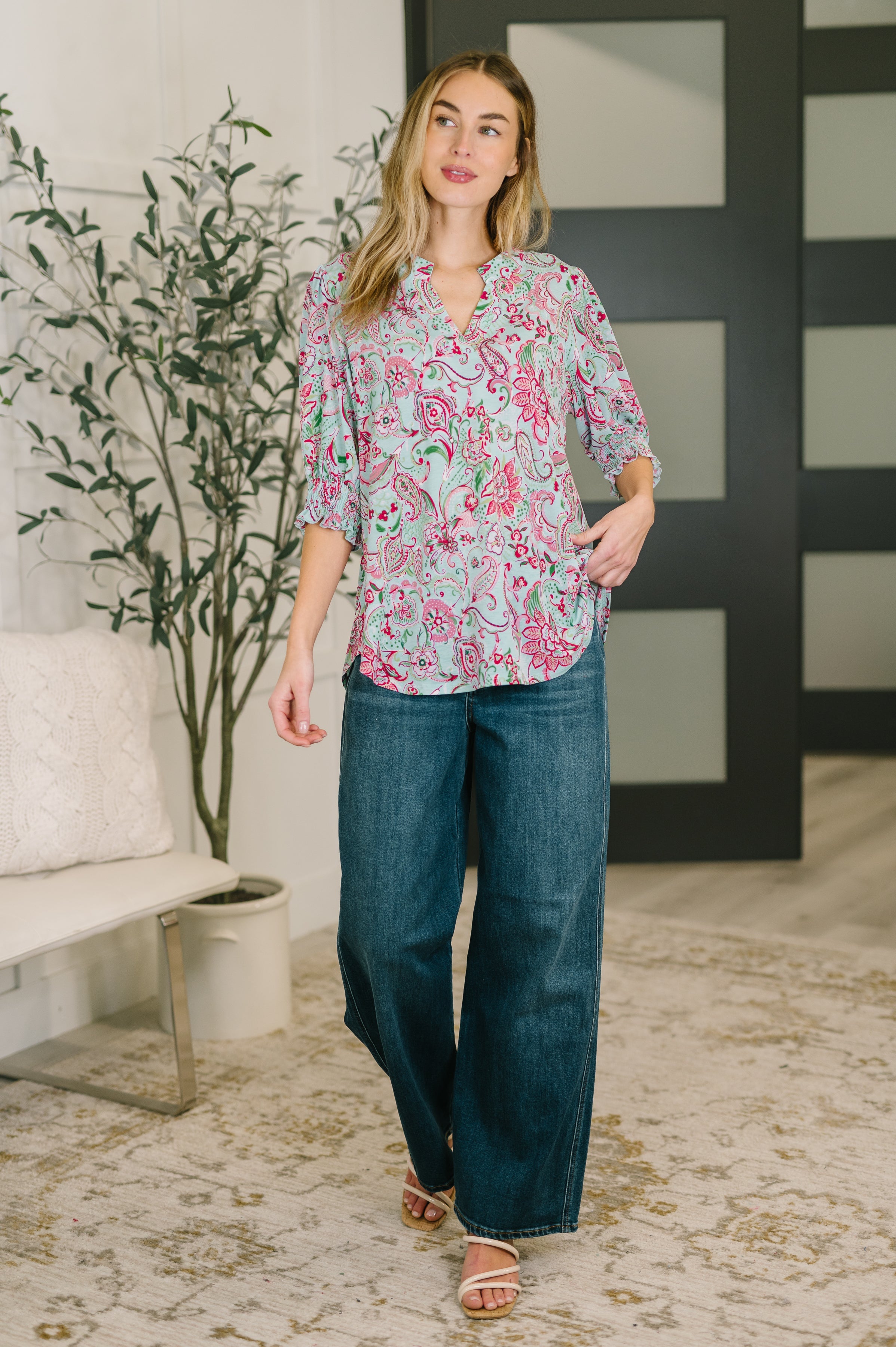 The Flatter Me Fabulous Top - Mint and Pink Floral Paisley