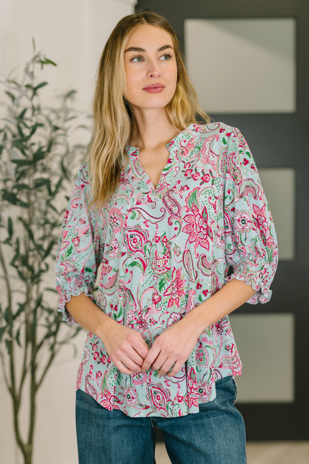 The Flatter Me Fabulous Top - Mint and Pink Floral Paisley