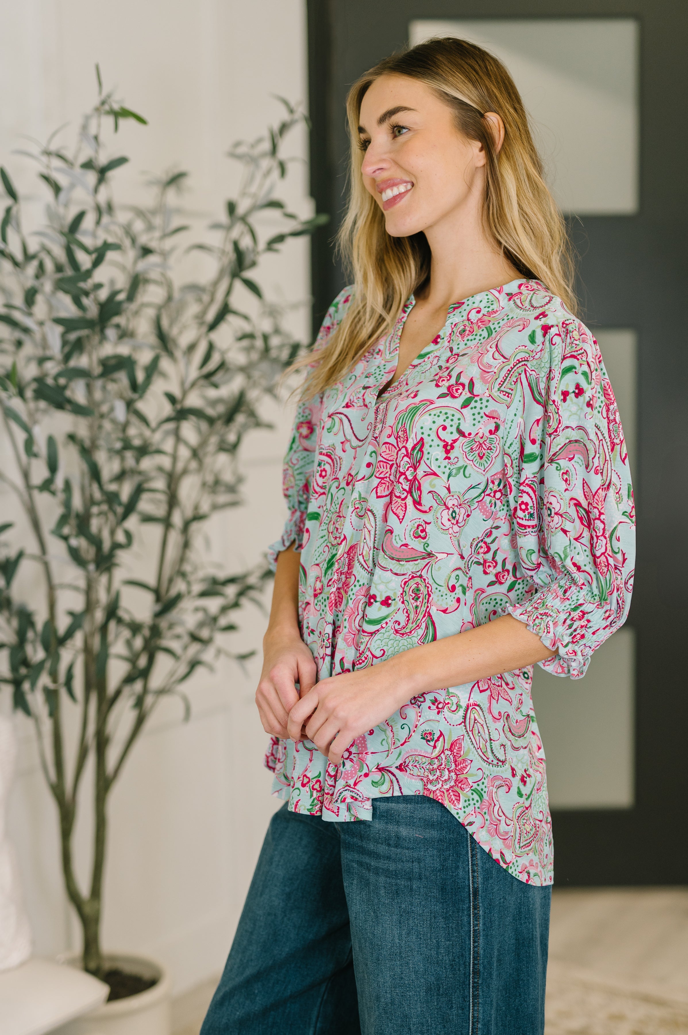 The Flatter Me Fabulous Top - Mint and Pink Floral Paisley